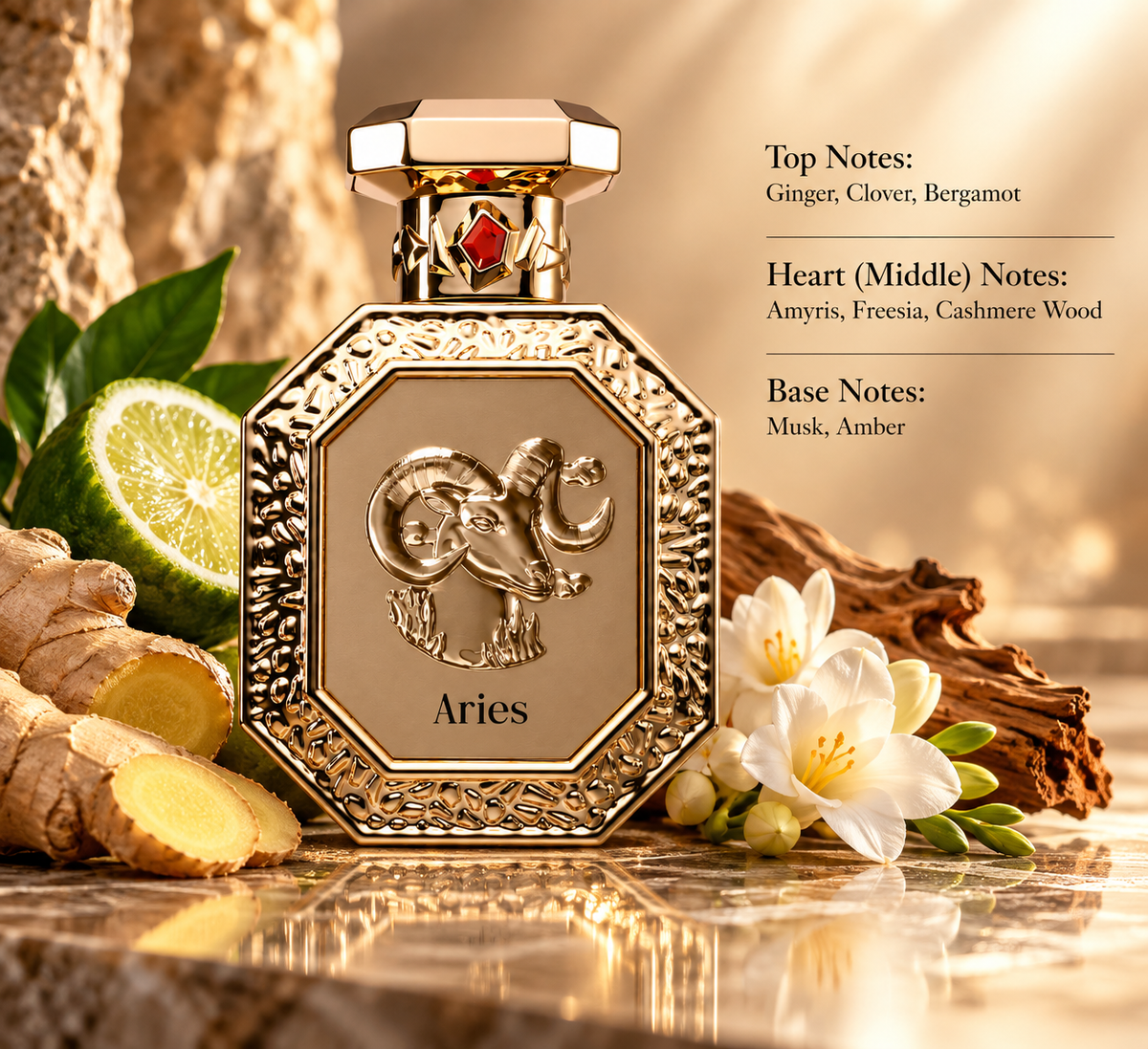 Aries perfume presented with ginger, bergamot and freesia, complemented by cashmere wood, musk and amber, in an elegant warm composition inspired by its fresh woody scent profile.