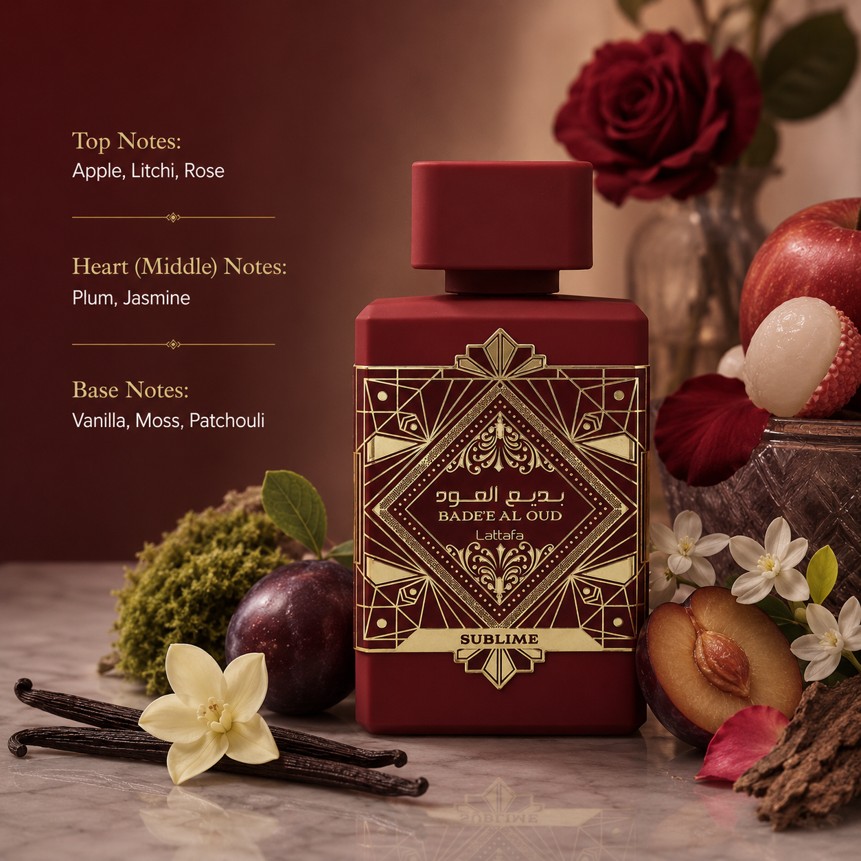 Lattafa Bade'e Al Oud Sublime Eau de Parfum showcased in an elegant luxury fragrance composition featuring apple, litchi, rose, plum, jasmine, vanilla, patchouli, and moss-inspired elements. The deep red bottle with intricate gold detailing is presented in a refined setting that highlights its fruity, floral, and woody oriental character.