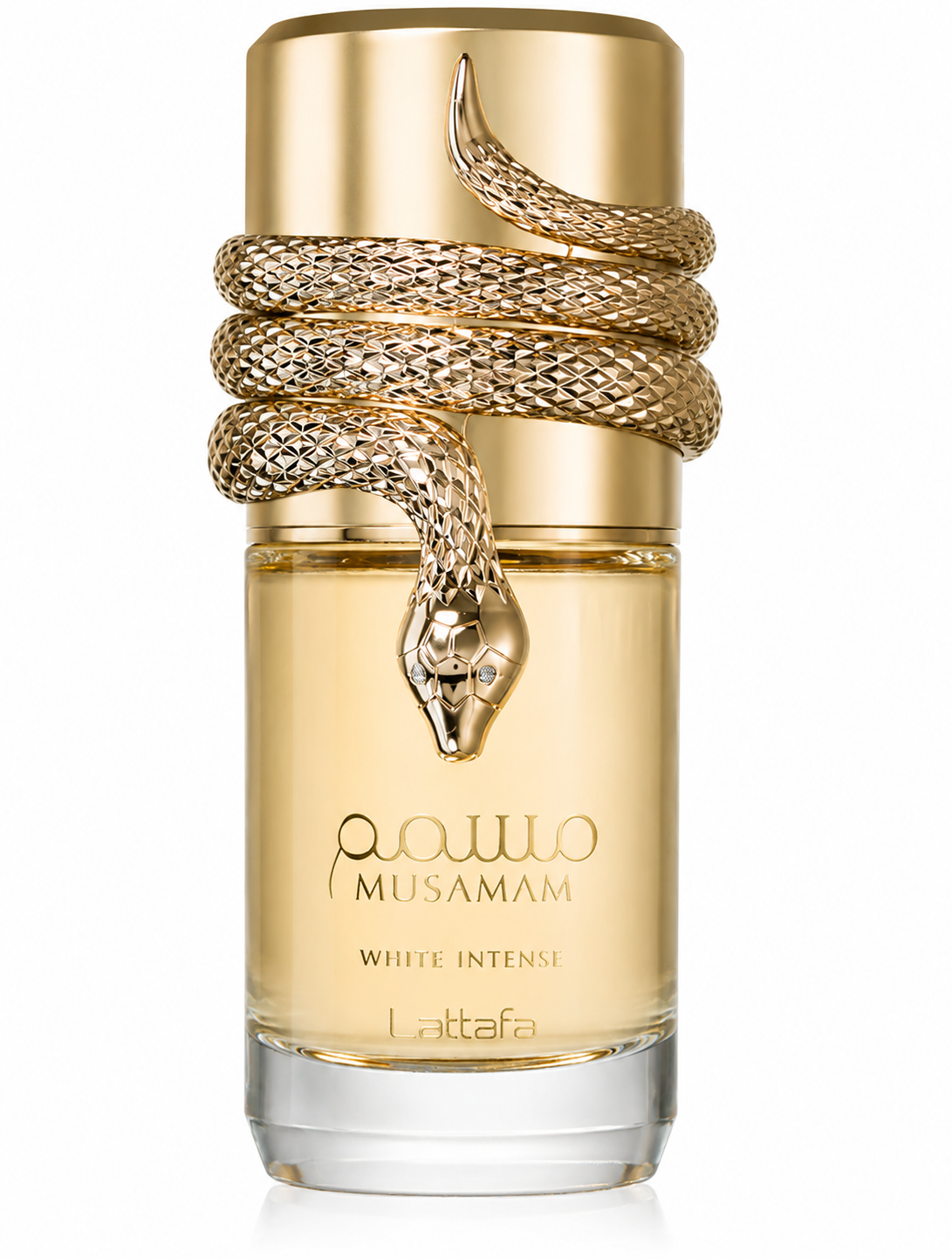 Lattafa Musamam White Intense Eau de Parfum 100ml presented on a pure white background, featuring an elegant transparent glass bottle with luxurious gold detailing and a striking gold snake wrapped around the cap, highlighting its premium craftsmanship and sophisticated design.