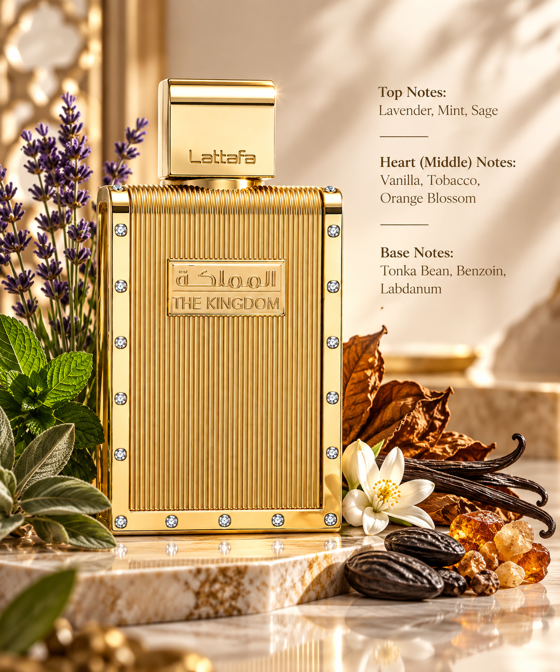 Lattafa The Kingdom Man displayed in an elegant warm-gold composition inspired by its aromatic gourmand character, with lavender, mint and sage leading into vanilla, tobacco and orange blossom, while tonka bean, benzoin and labdanum create a rich, warm base.