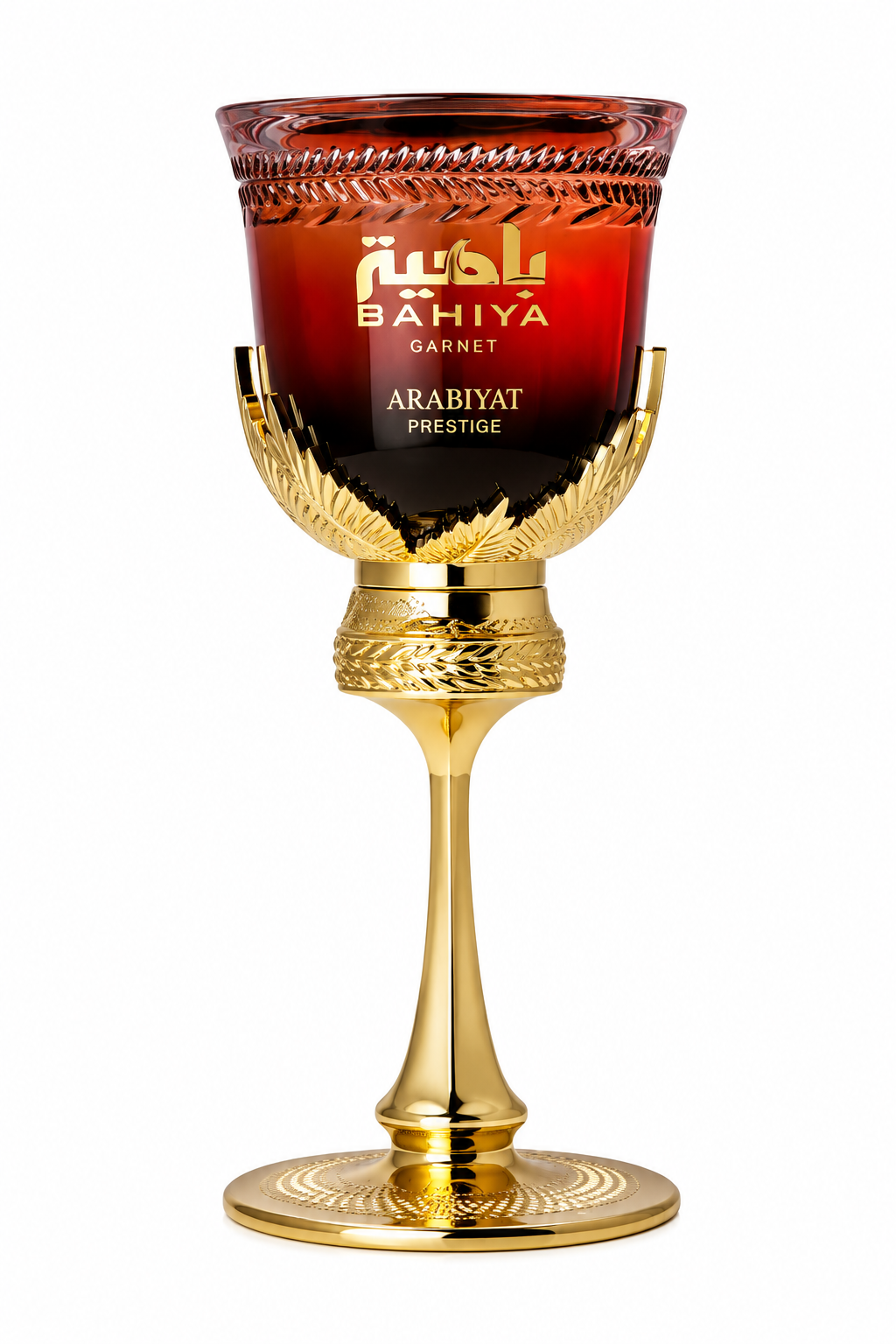 Arabiyat Prestige Bahiya Garnet 100ml EDP, presented in an exceptionally ornate goblet-inspired bottle with deep garnet-red glass, intricate polished gold detailing and an elegant pedestal base, isolated on a pristine white background.