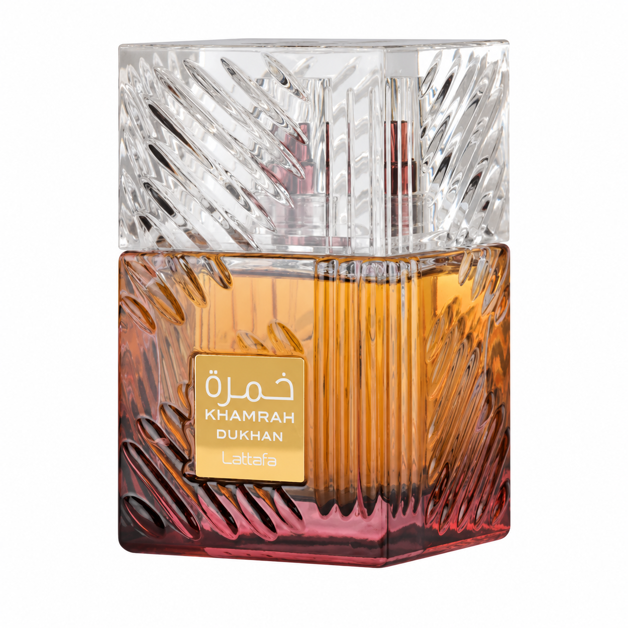 Lattafa Khamrah Dukhan Eau de Parfum in a luxurious cut-glass bottle with an amber-to-smoky gradient design and crystal-inspired cap, presented on a clean white background. Premium oriental fragrance showcased in a high-resolution studio product image.