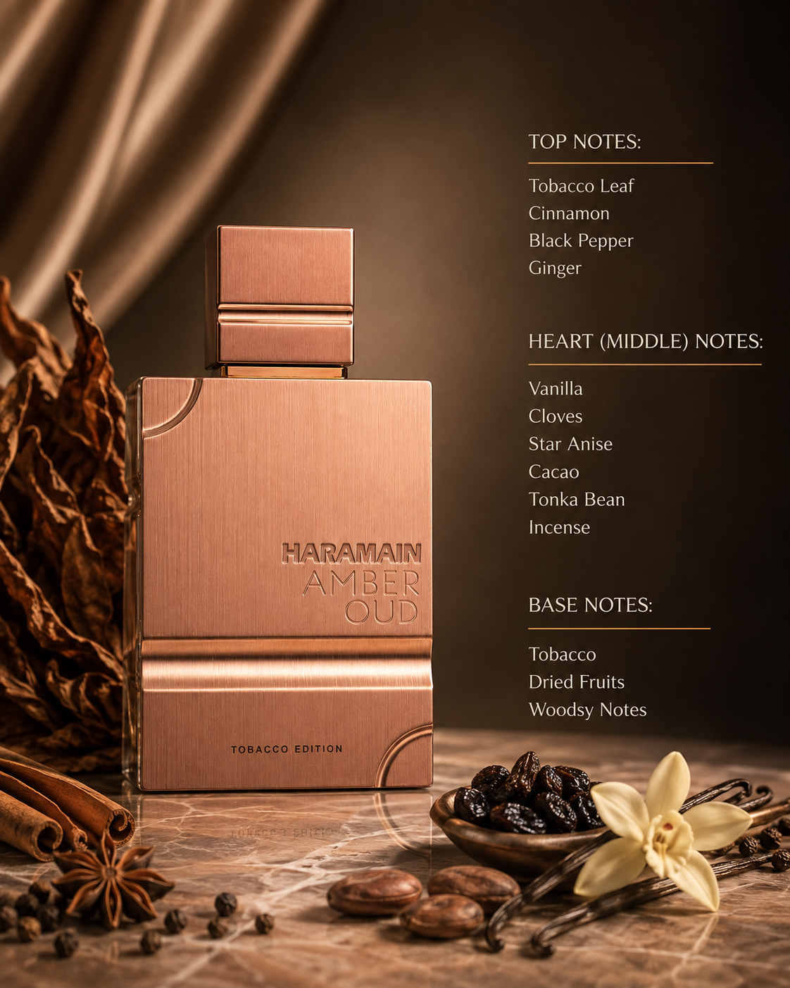 Al Haramain Amber Oud Tobacco Edition displayed with tobacco leaves, cinnamon, vanilla, cacao and dried fruits, highlighting its warm, spicy, sweet and woody fragrance character.
