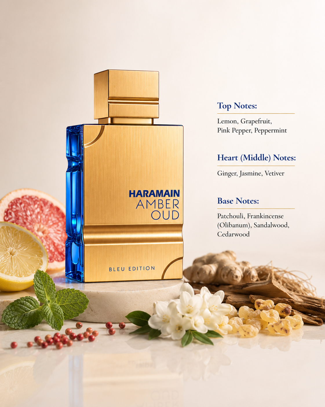 Al Haramain Amber Oud Bleu Edition with citrus, ginger, jasmine and sandalwood, showcasing its fresh woody fragrance notes.