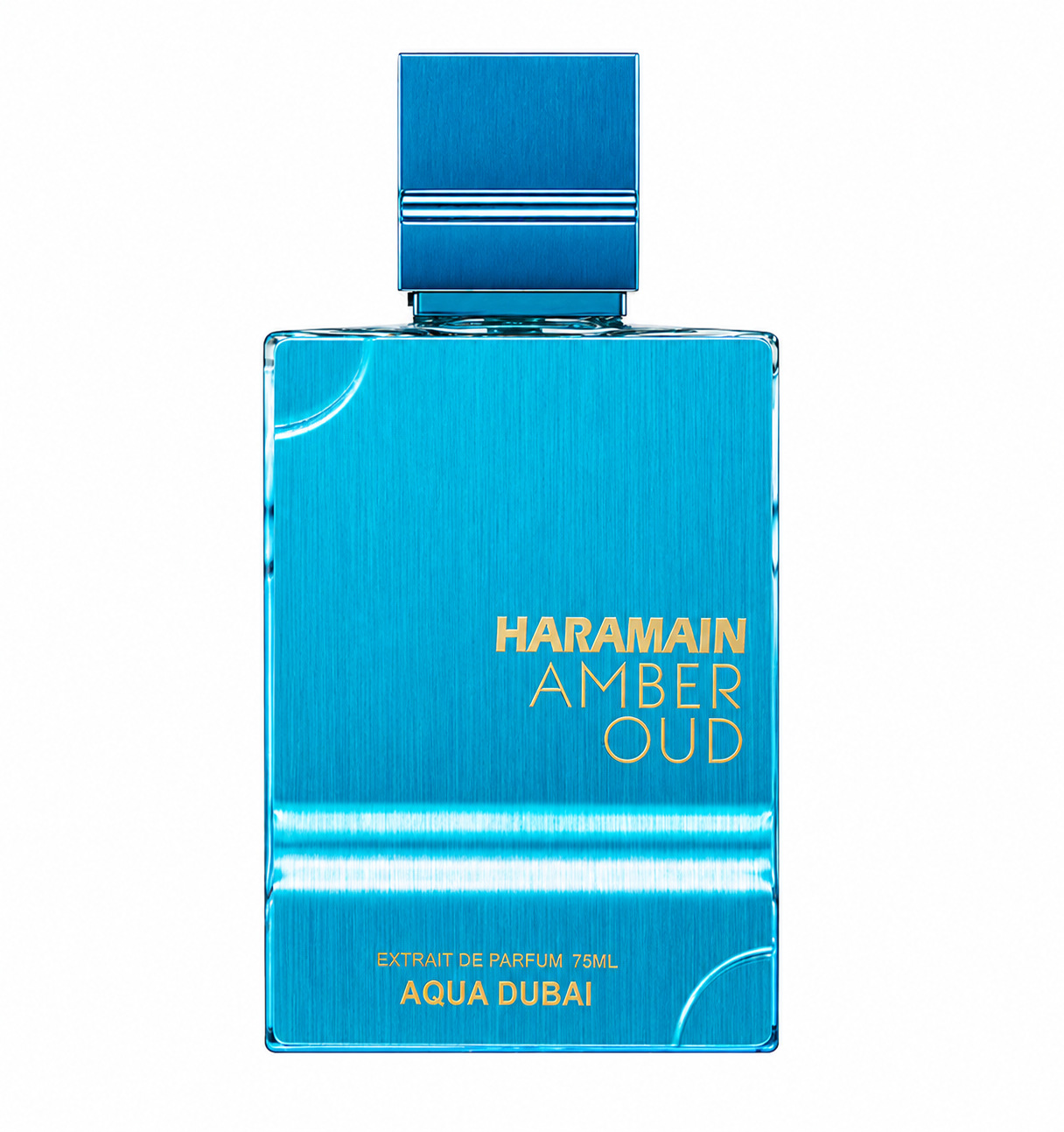 Al Haramain Amber Oud Aqua Dubai Extrait de Parfum 75ml in a vibrant blue glass bottle with gold lettering, photographed on a clean white background.