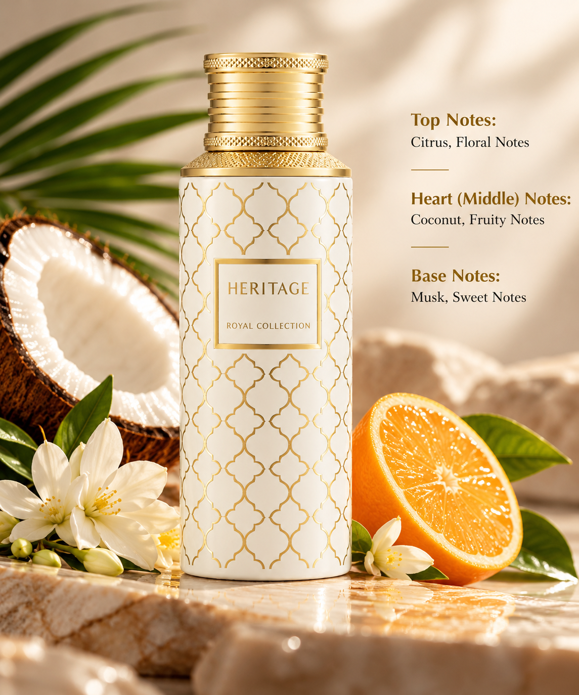 Maison Asrar Heritage Royal Collection 100ml Eau de Parfum displayed on elegant beige marble with fresh coconut, orange slices, delicate white flowers and tropical greenery. A luxurious fruity floral fragrance featuring citrus, coconut, soft musk and sweet notes in a refined golden setting.