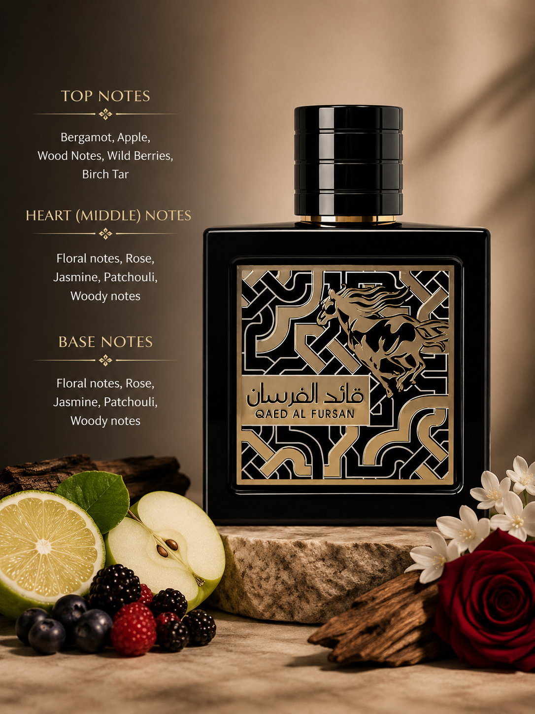 Lattafa Qaed Al Fursan Eau de Parfum with fruity, woody and floral fragrance notes