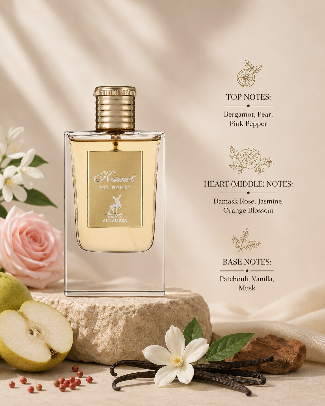 Maison Alhambra Kismet For Women displayed with pear, rose, vanilla, and patchouli accents. Notes shown:
Top: Bergamot, Pear, Pink Pepper
Heart: Damask Rose, Jasmine, Orange Blossom
Base: Patchouli, Vanilla, Musk
A graceful floral-fruity fragrance that opens with sparkling bergamot and juicy pear, blooms into an elegant heart of rose, jasmine, and orange blossom, and settles into a soft, sensual base of patchouli, vanilla, and musk. Presented in a sophisticated glass bottle with refined golden details.