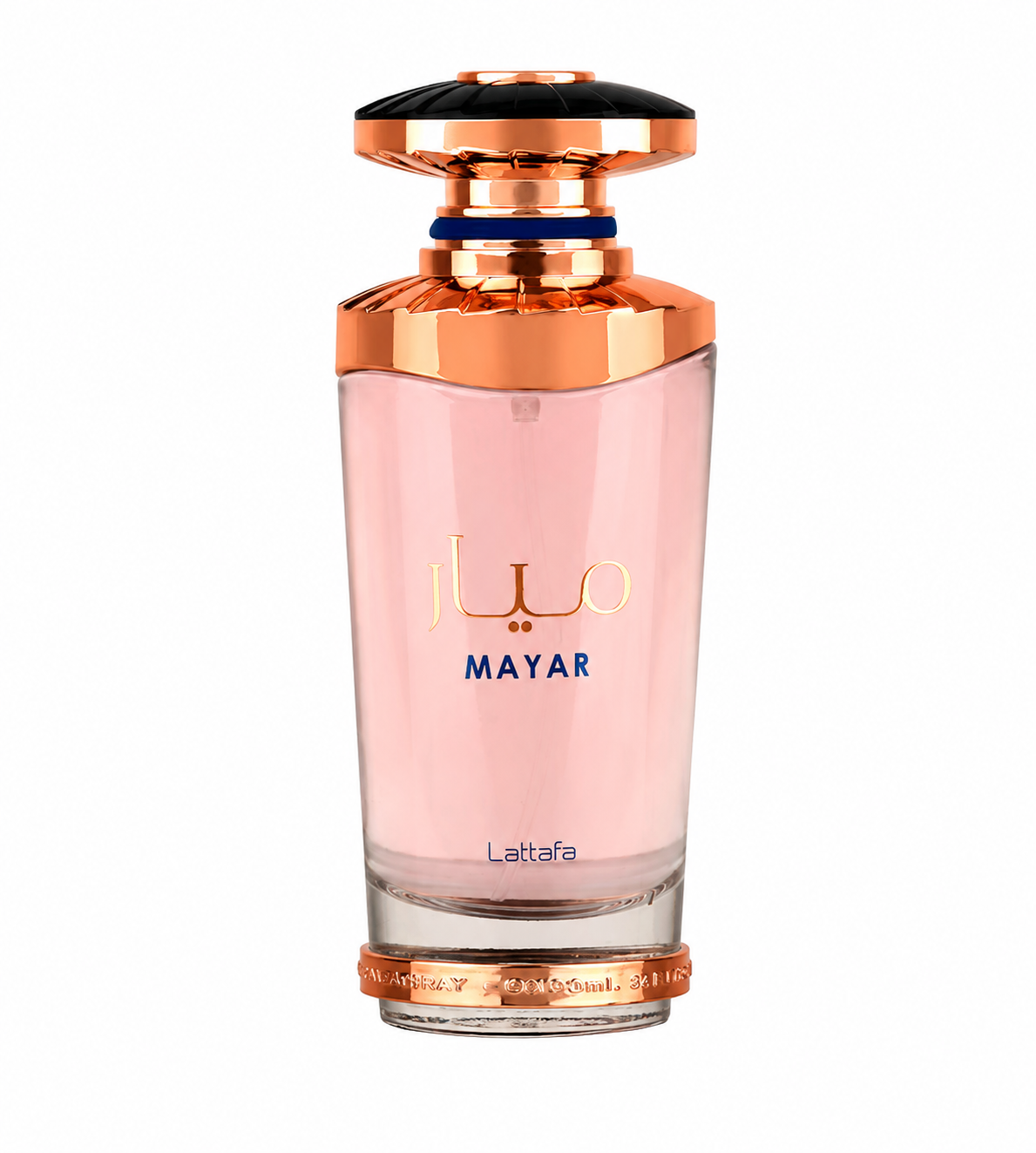 Lattafa Mayar Eau de Parfum in an elegant soft pink glass bottle with luxurious rose gold accents and a sophisticated faceted cap, presented on a clean white background. Premium feminine fragrance showcased in a high-resolution studio product image.