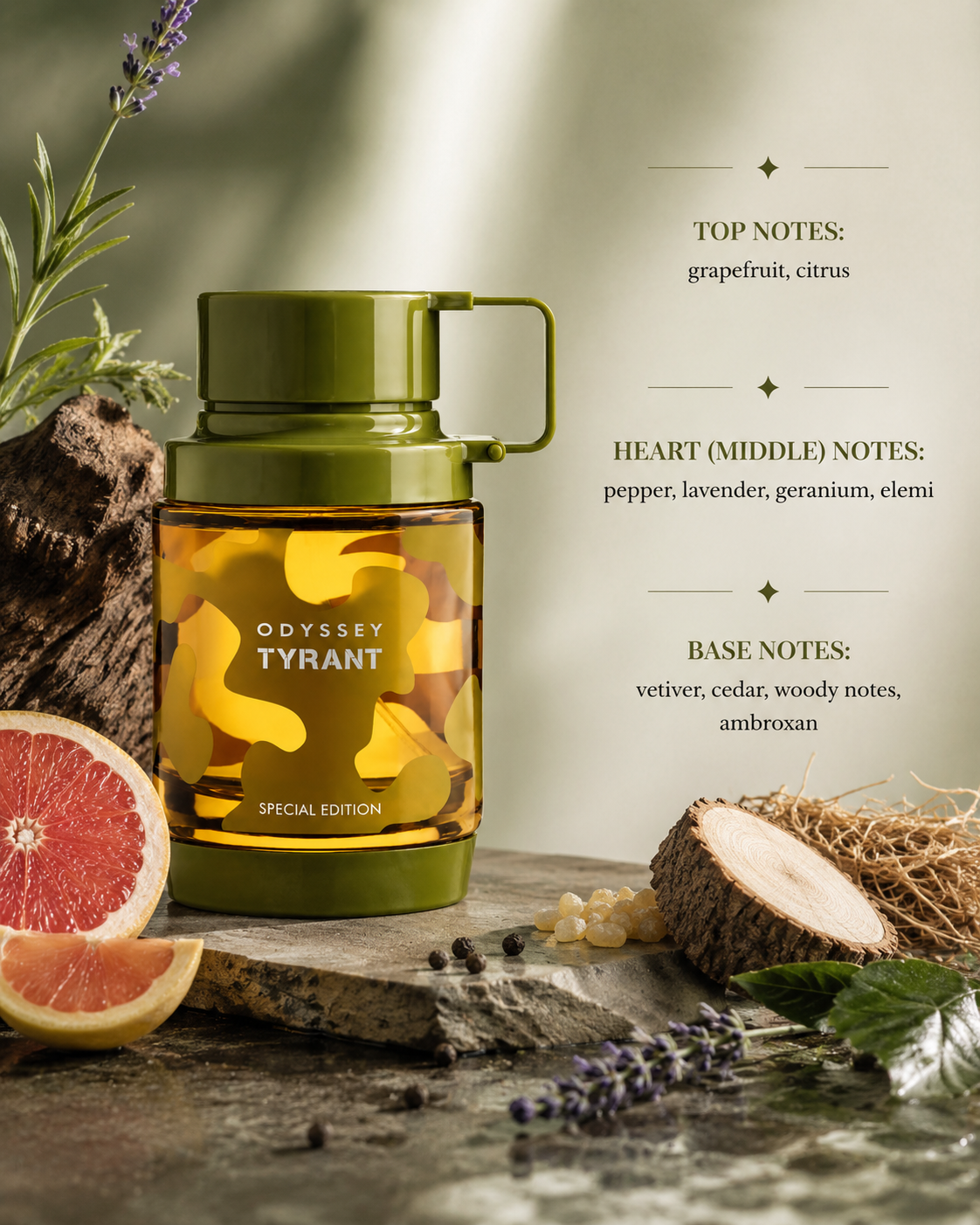 Armaf Odyssey Tyrant Special Edition Eau de Parfum displayed in a bold, sophisticated composition with fresh grapefruit, citrus slices, black peppercorns, aromatic lavender, geranium blossoms, elemi resin, vetiver roots, cedarwood, warm amber-toned ambroxan crystals and rugged woody elements on a natural stone surface, creating a refined masculine atmosphere that reflects the fragrance's vibrant citrus opening, spicy aromatic heart and deep woody base.