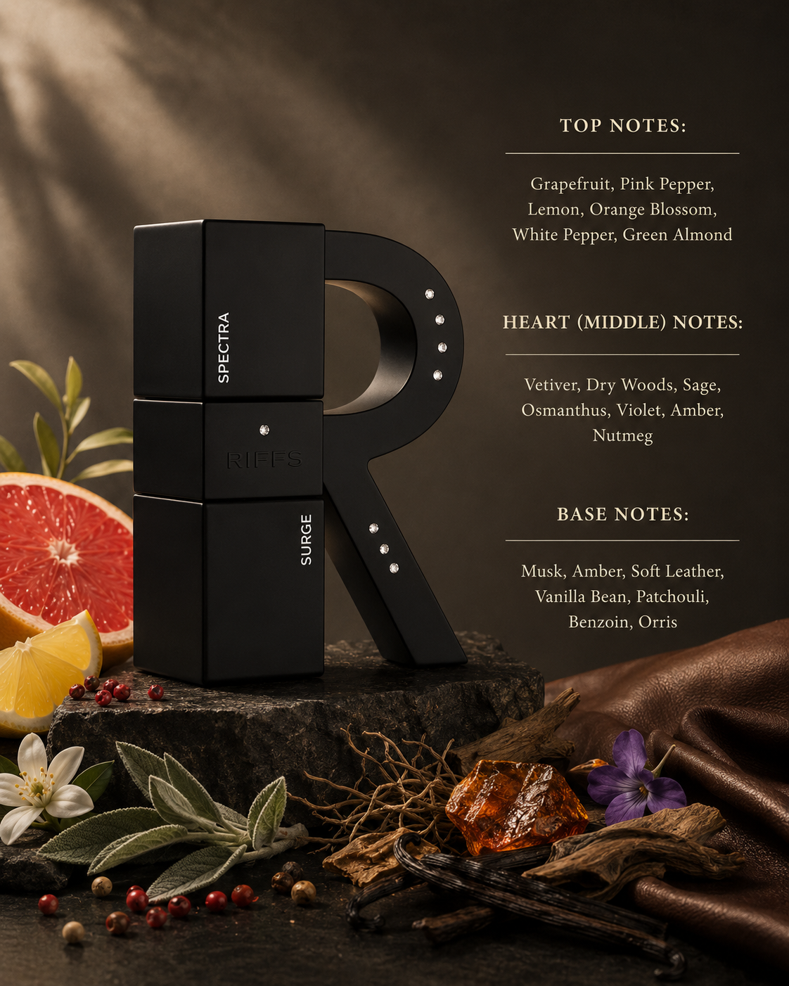 Riiffs Spectra Surge fragrance bottle displayed with grapefruit, lemon, pink pepper, orange blossom, sage, vetiver, amber, vanilla bean, leather, patchouli, benzoin, and woody accents, with fragrance notes listed on the right.