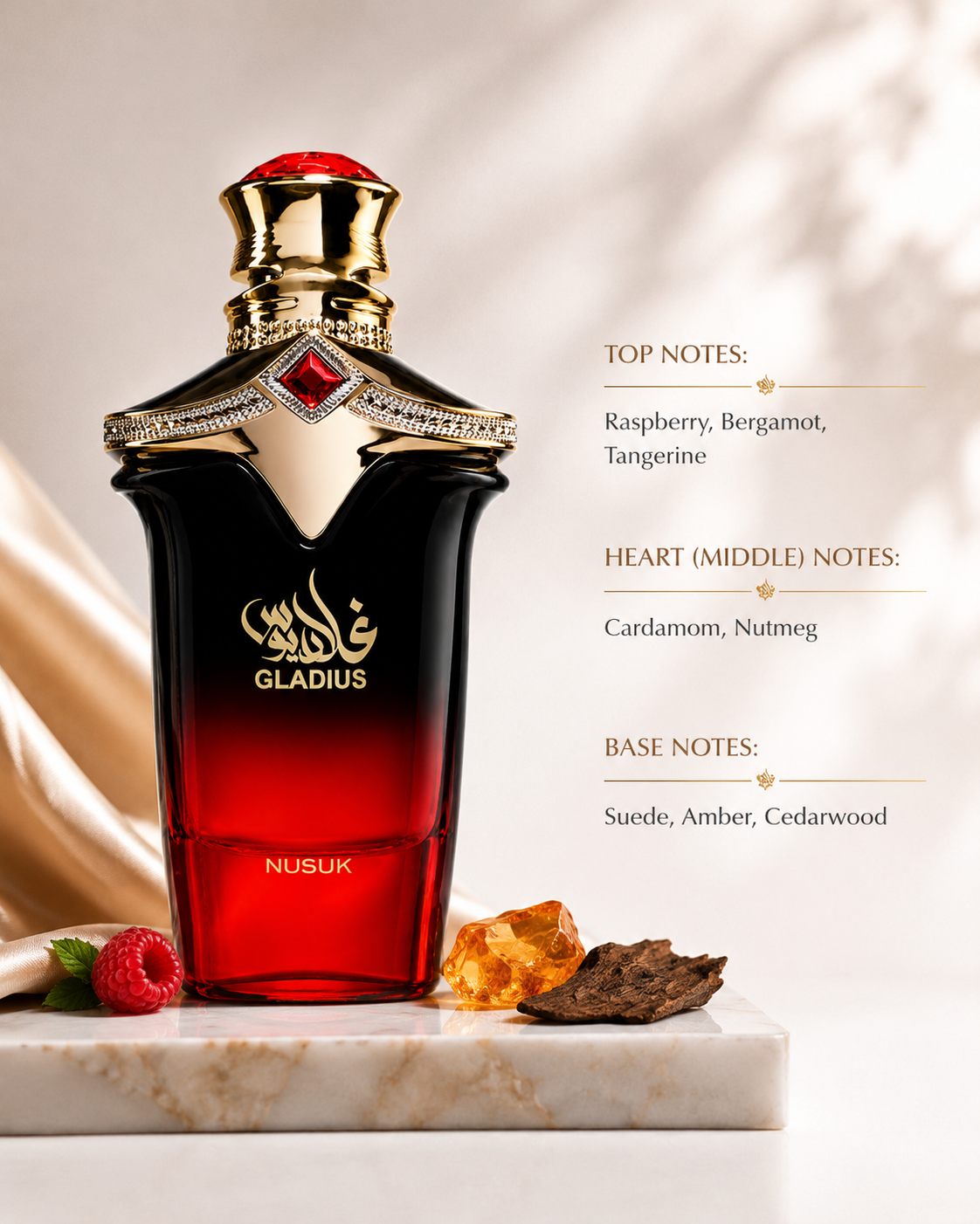 NUSUK Gladius Eau de Parfum elegantly displayed on a marble pedestal with raspberry, amber resin, and cedarwood, highlighting the fragrance's luxurious scent profile. The composition showcases top notes of raspberry, bergamot, and tangerine, heart notes of cardamom and nutmeg, and base notes of suede, amber, and cedarwood. Warm natural lighting and refined styling create a premium lifestyle presentation ideal for luxury fragrance collections.