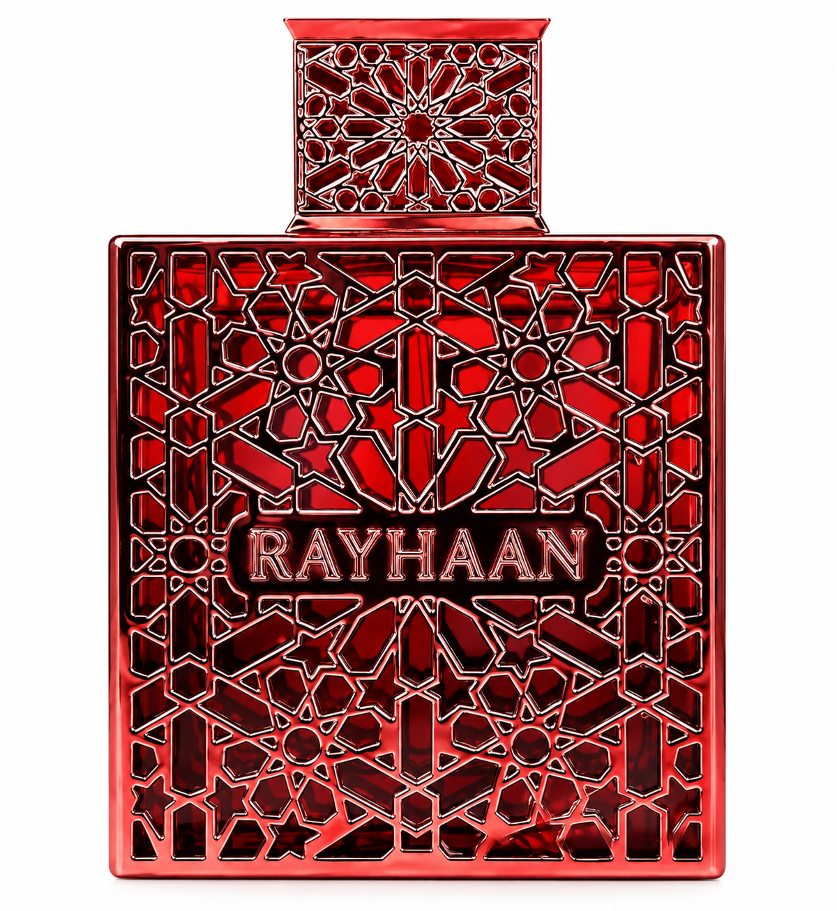 Rayhaan Crimson perfume in a striking deep-red rectangular bottle with intricate geometric arabesque detailing, a matching ornamental cap and metallic accents, presented against a clean white background.