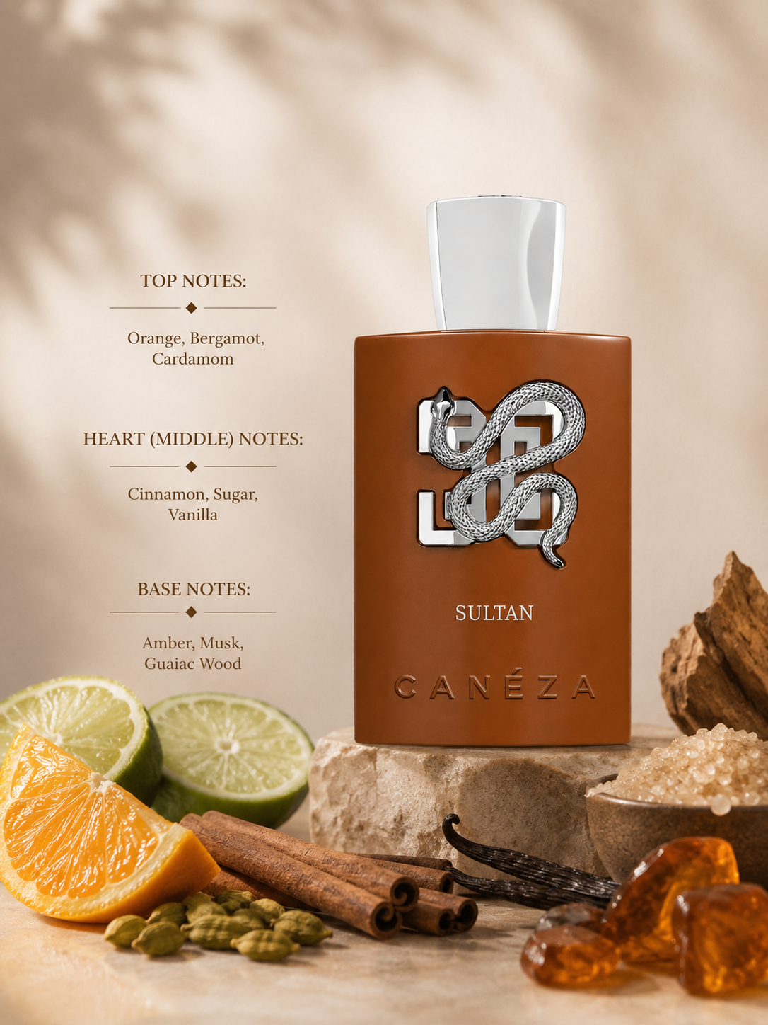 Canéza Sultan featuring orange, cardamom, cinnamon and amber for a warm spicy fragrance.