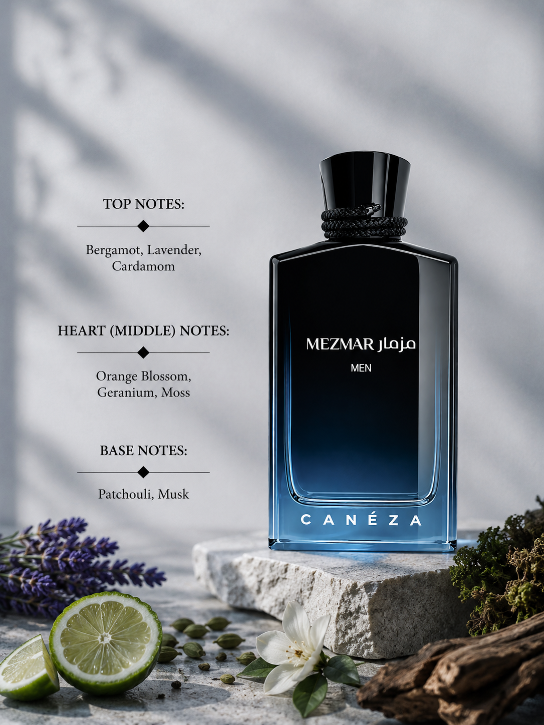 Canéza Mezmar Men fragrance bottle displayed with bergamot, lavender, cardamom, orange blossom, geranium, moss, patchouli, musk, and natural botanical accents, with fragrance notes listed on the left.