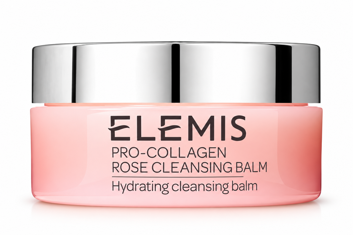ELEMIS Pro-Collagen Rose Cleansing Balm in an elegant pink jar with a reflective silver lid, photographed against a clean white background. Luxurious hydrating facial cleansing balm designed to dissolve makeup and impurities while leaving skin feeling soft, smooth and nourished.
