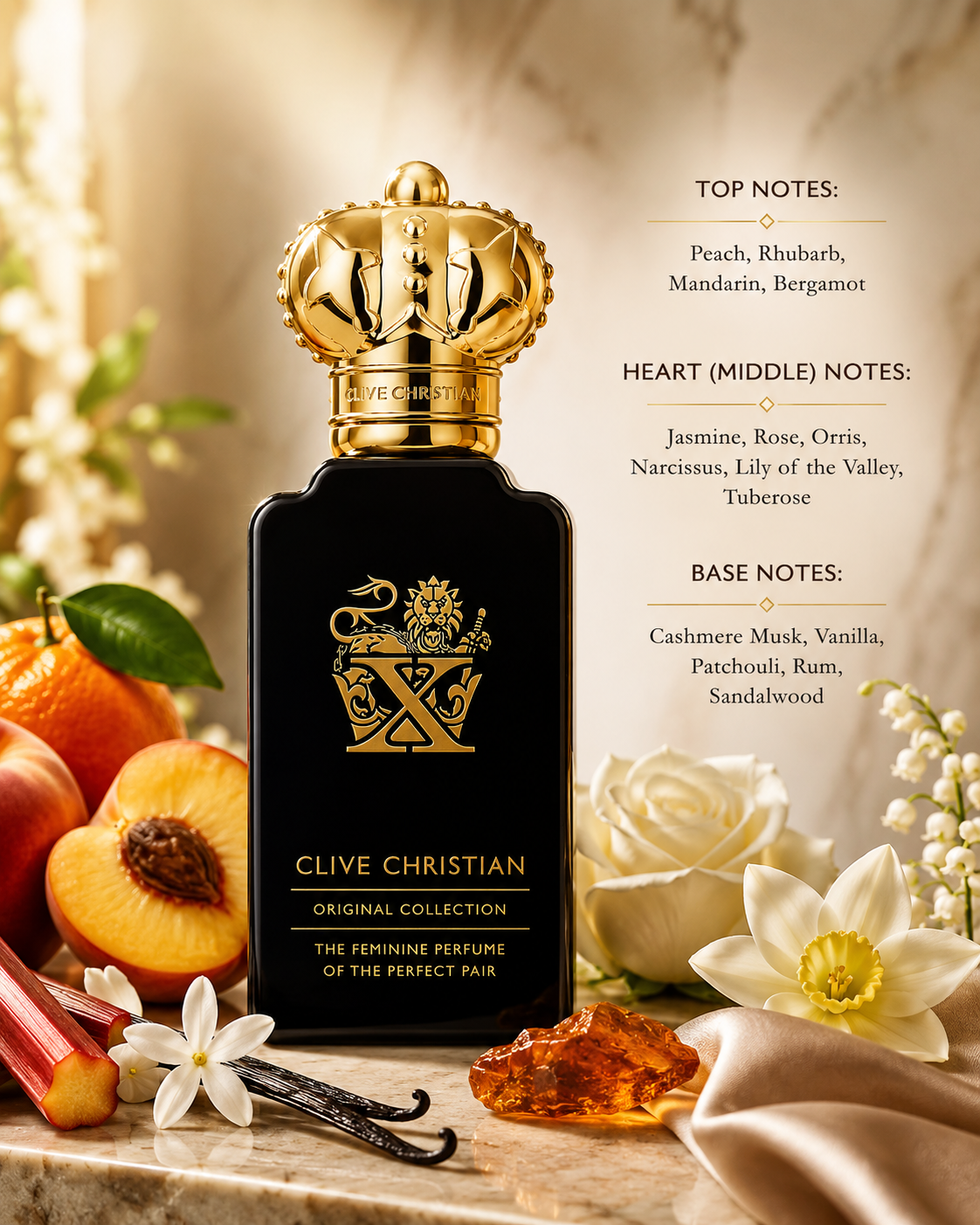 Clive Christian X Feminine Original Collection, exact original bottle and branding, in an elegant warm luxury setting. Surround with peach, rhubarb, mandarin, jasmine, rose, vanilla and subtle amber elements. Warm ivory and gold tones, soft natural light, refined feminine aesthetic, premium photorealistic fragrance photography.