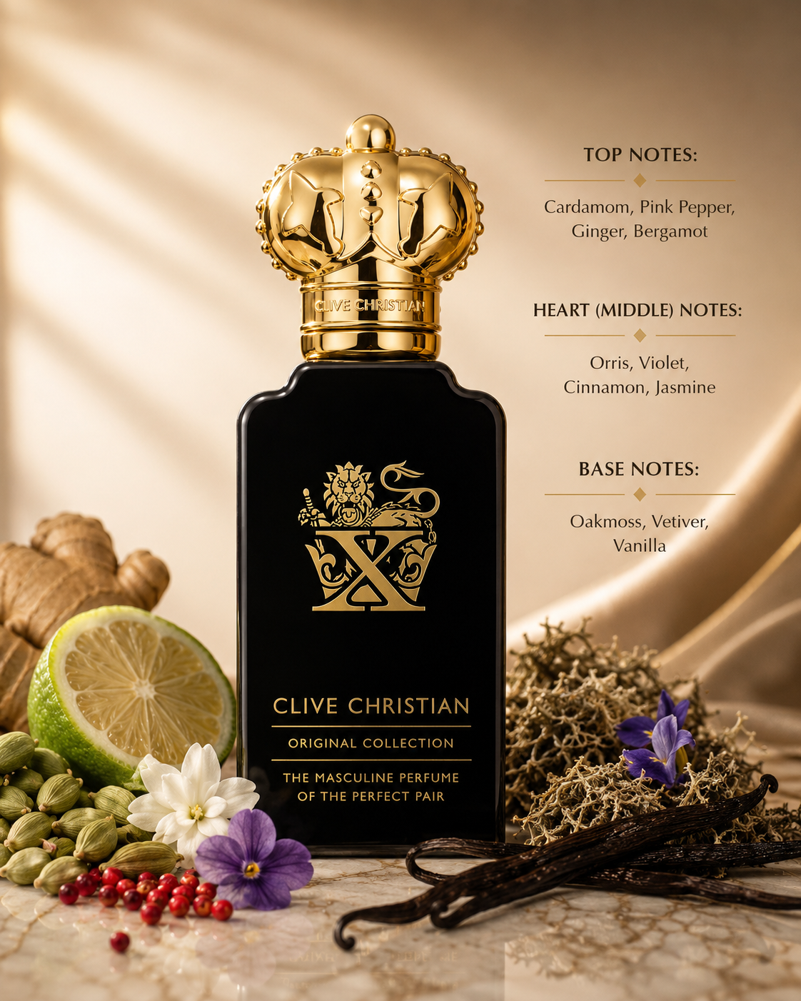 Clive Christian X Masculine Original Collection, exact original bottle and branding, in a warm luxurious setting. Style with cardamom, pink pepper, ginger, bergamot, violet, jasmine, oakmoss, vetiver and vanilla. Rich black, gold and warm beige palette, elegant natural light, sophisticated masculine aesthetic, premium photorealistic fragrance photography.
