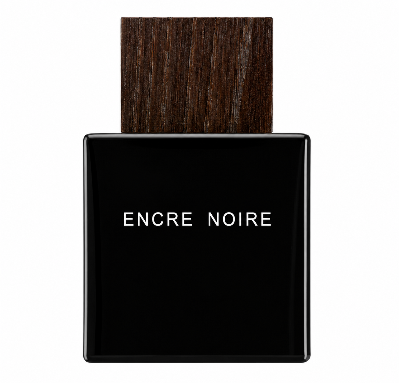 Lalique Encre Noire Eau de Toilette in a minimalist black square bottle with a dark wooden cap and white lettering, photographed on a clean white background.