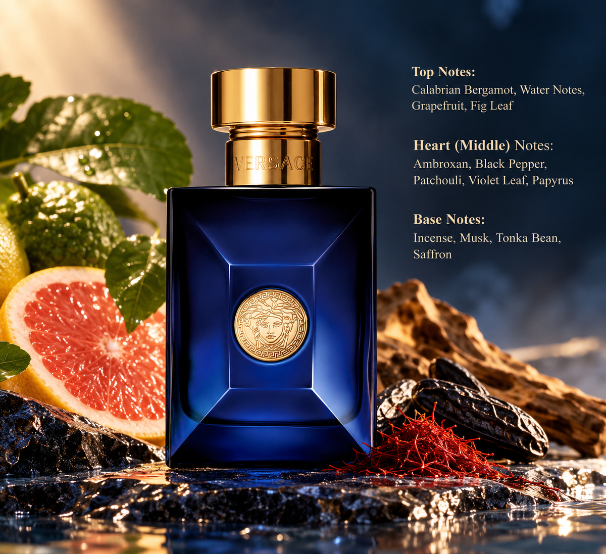 Versace Dylan Blue Pour Homme Eau de Toilette for men in a luxurious deep blue bottle with a gold Medusa emblem and cap, surrounded by grapefruit, bergamot, fig leaves, saffron and tonka beans. A sophisticated masculine fragrance with fresh aquatic notes, black pepper, ambroxan, musk and incense.