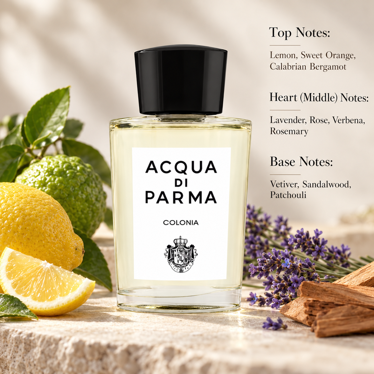 Acqua di Parma Colonia Eau de Cologne in its iconic clear glass bottle with a black cap and white label, surrounded by fresh lemon, Calabrian bergamot, aromatic lavender and sandalwood. A timeless unisex citrus aromatic fragrance presented in an elegant, sunlit Mediterranean setting with warm beige tones.