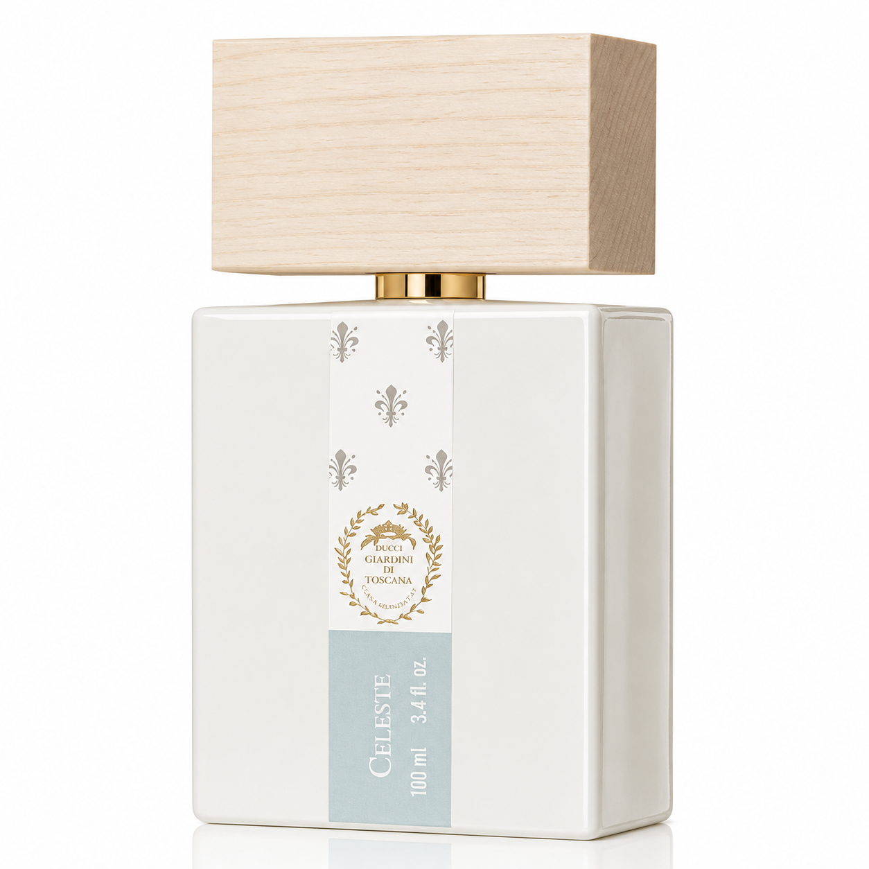 Giardini di Toscana Celeste Eau de Parfum bottle isolated on a white background, featuring an elegant white rectangular bottle with a natural wood cap and refined minimalist design.