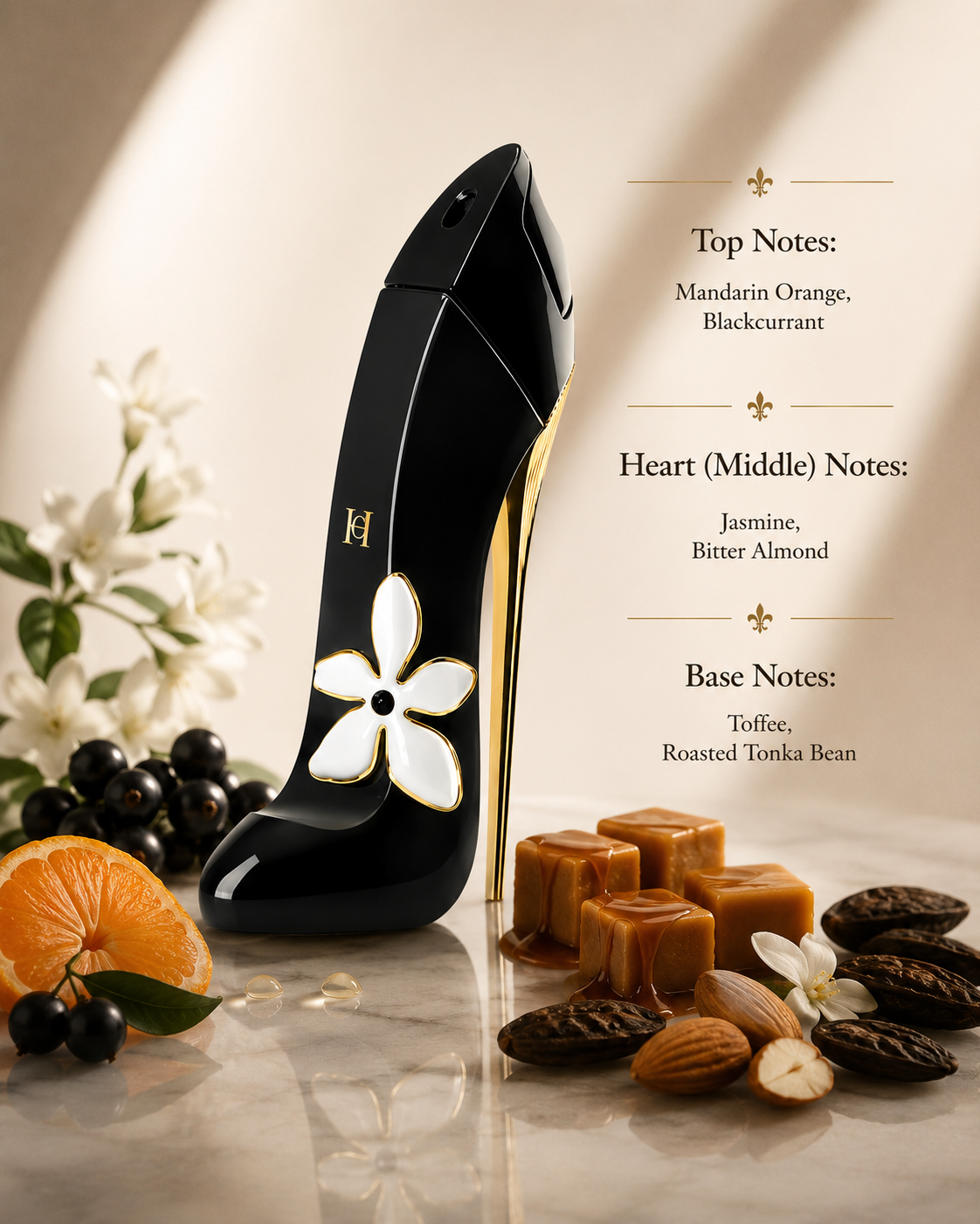 Carolina Herrera Good Girl Jasmine Absolute 80ml EDP displayed on a polished marble surface surrounded by juicy mandarin orange, blackcurrants, delicate jasmine blossoms, bitter almonds, creamy toffee, roasted tonka beans and rich cacao pods, creating an elegant, warm and luxurious atmosphere that perfectly reflects its addictive floral gourmand fragrance.
