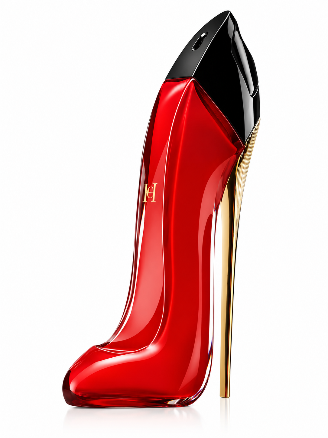 Carolina Herrera Very Good Girl perfume in the iconic glossy red stiletto-shaped bottle with black upper and elegant gold heel, photographed on a clean white background.