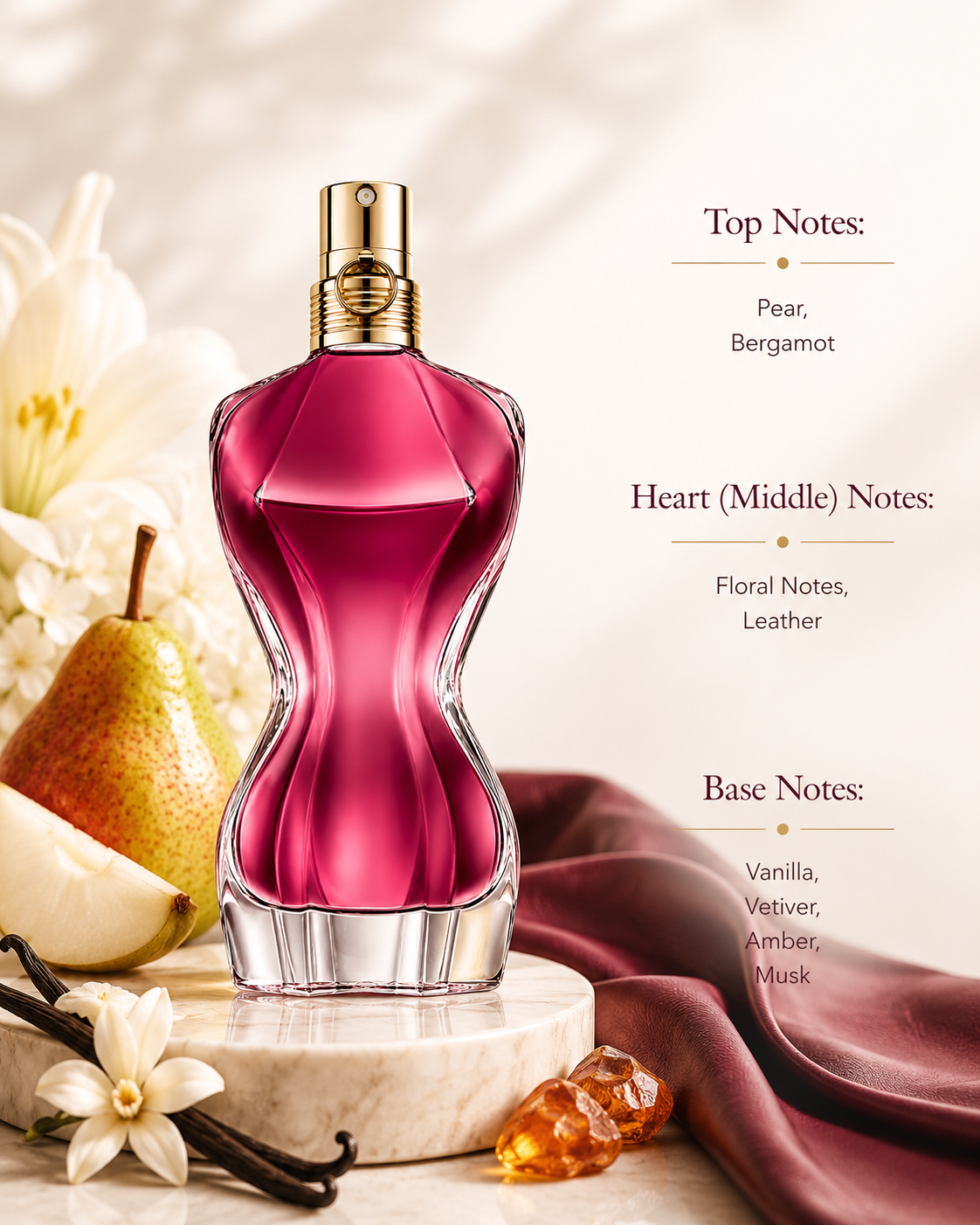Jean Paul Gaultier La Belle Eau de Parfum displayed with its fragrance notes, surrounded by pear, white flowers, vanilla pods, amber resin, and soft leather fabric, highlighting its sensual fruity amber fragrance with pear, bergamot, floral notes, leather, vanilla, vetiver, amber, and musk.