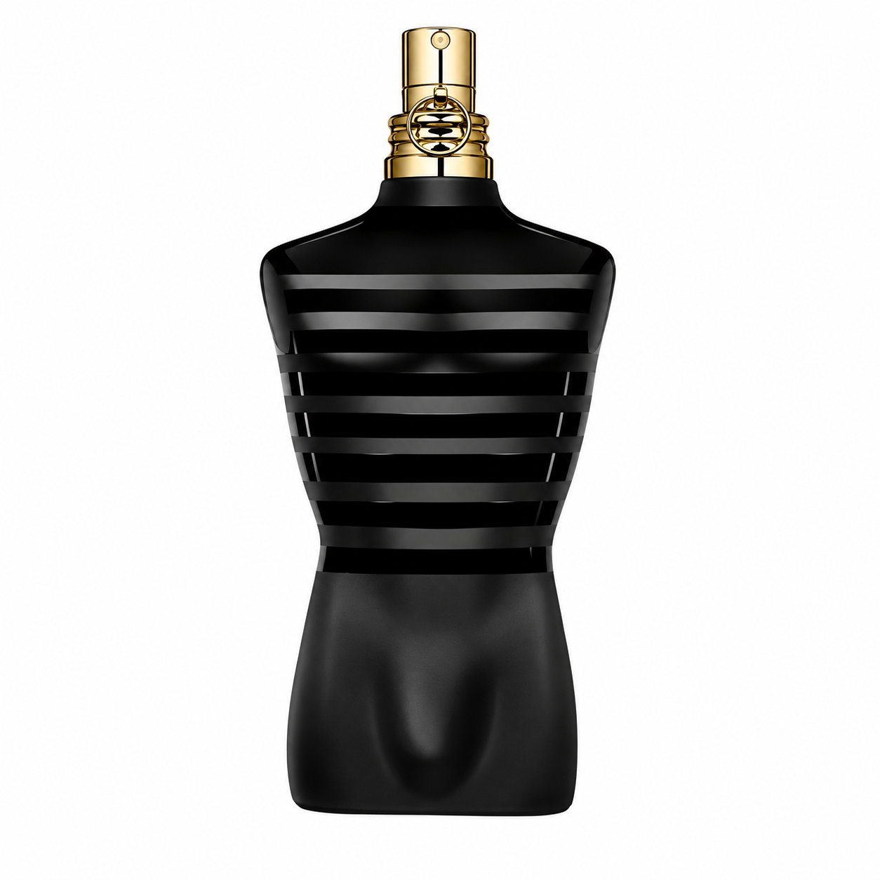 Jean Paul Gaultier Le Male Le Parfum Eau de Parfum Intense bottle with matte black sailor-striped torso design.