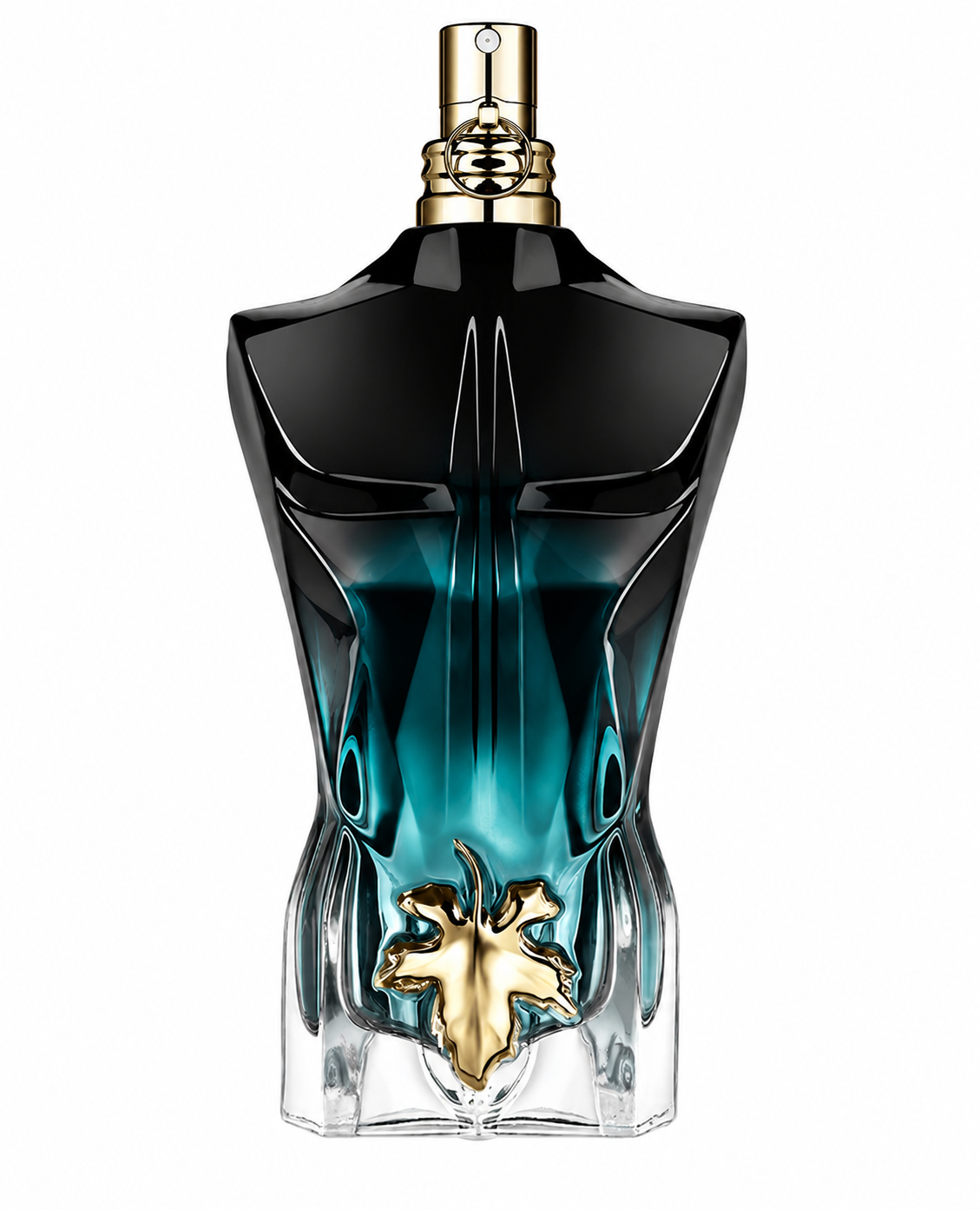 Jean Paul Gaultier Le Beau Le Parfum in the iconic male torso bottle with a deep blue-to-clear gradient, glossy black shoulders, gold fig leaf emblem, and gold atomizer, displayed on a clean white background.