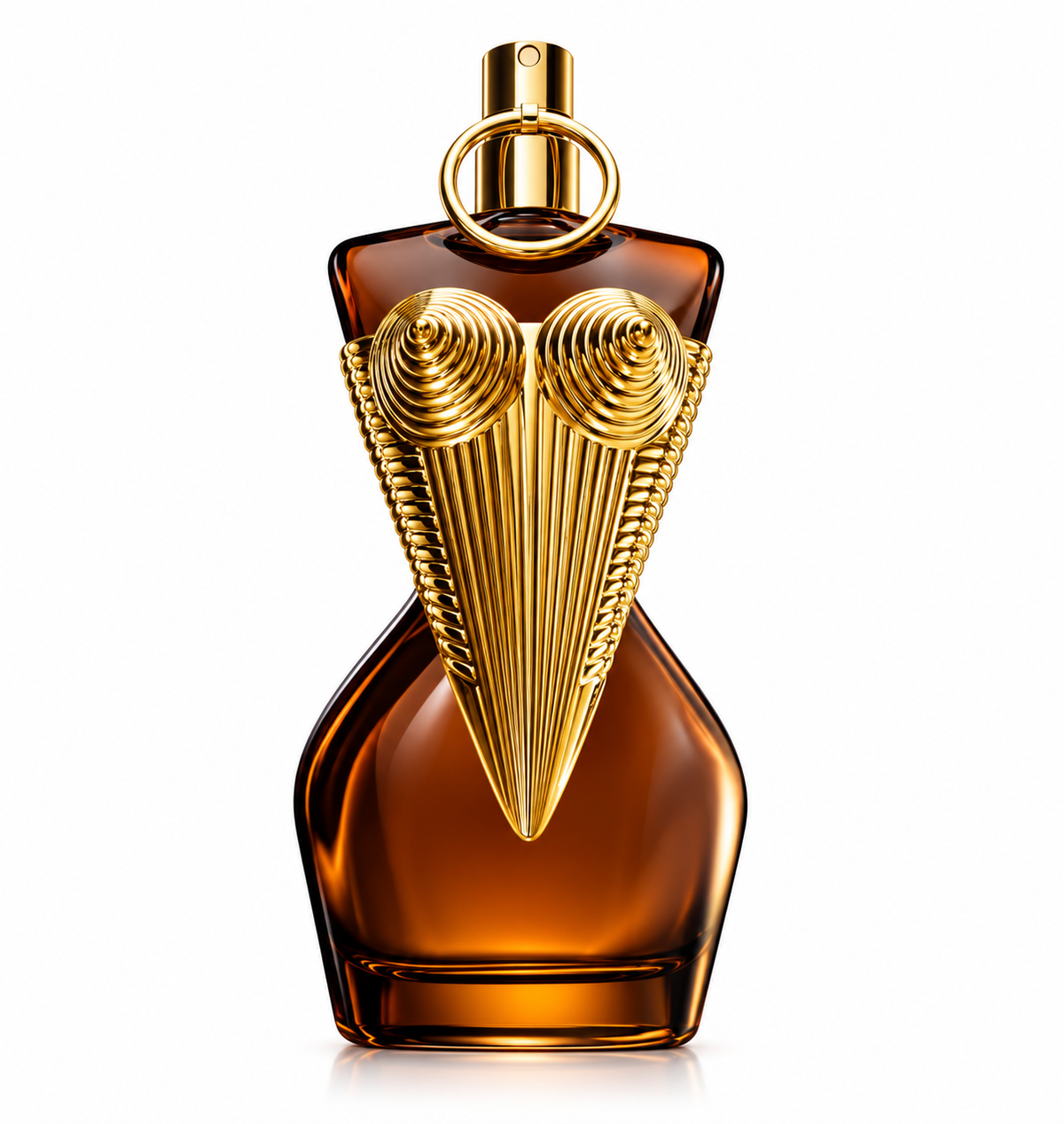 Jean Paul Gaultier Divine Elixir perfume bottle in rich amber glass with an elaborate sculpted gold corset and gold spray detailing, photographed on a clean white background.