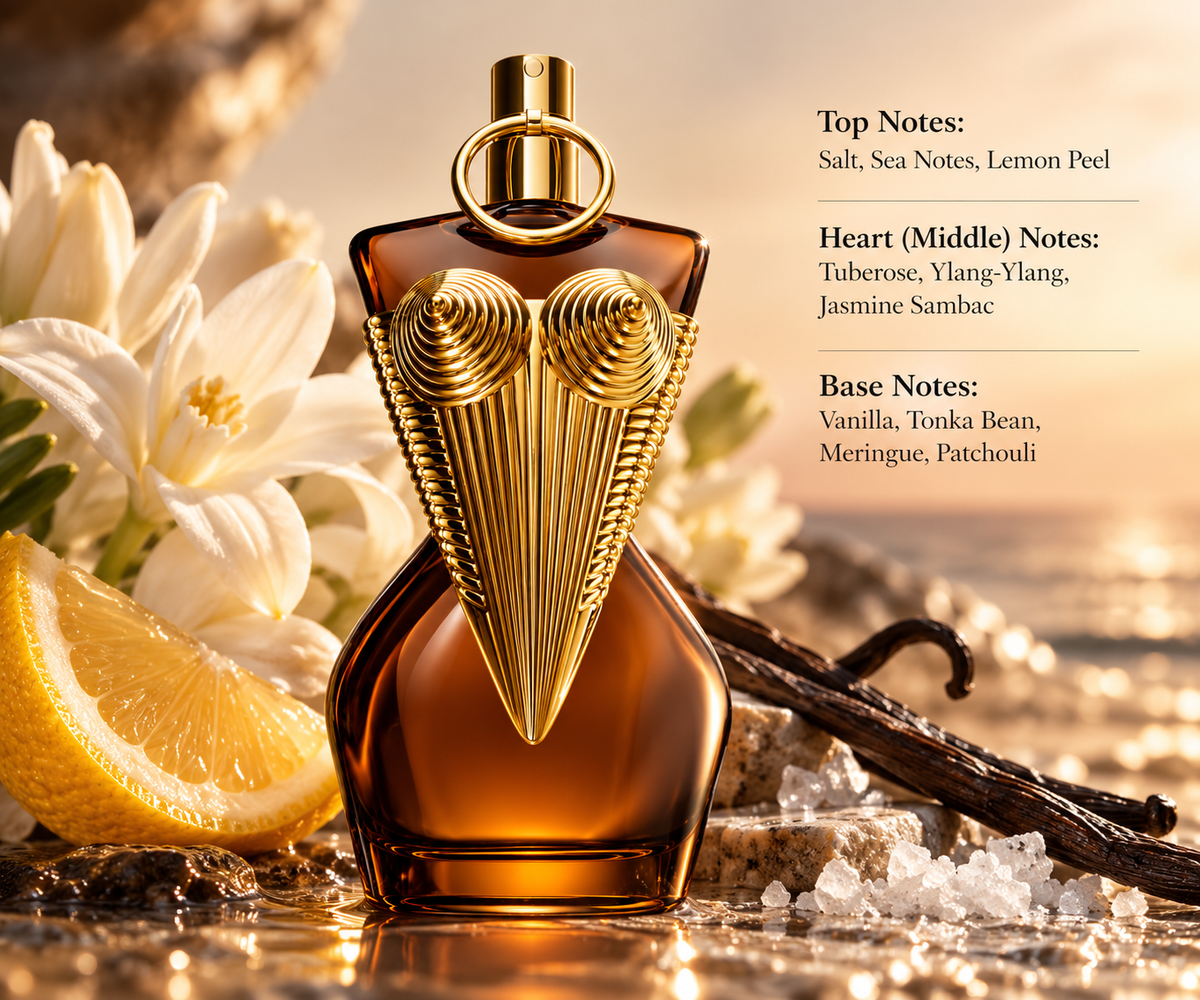 Jean Paul Gaultier Divine Elixir perfume presented with lemon, white florals, vanilla and sea salt elements, reflecting its warm floral, gourmand and subtly marine fragrance profile.