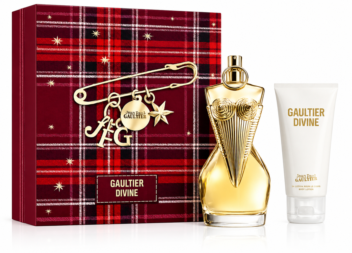 Jean Paul Gaultier Gaultier Divine Gift Set with Gaultier Divine Eau de Parfum and Body Lotion in a festive tartan gift box.