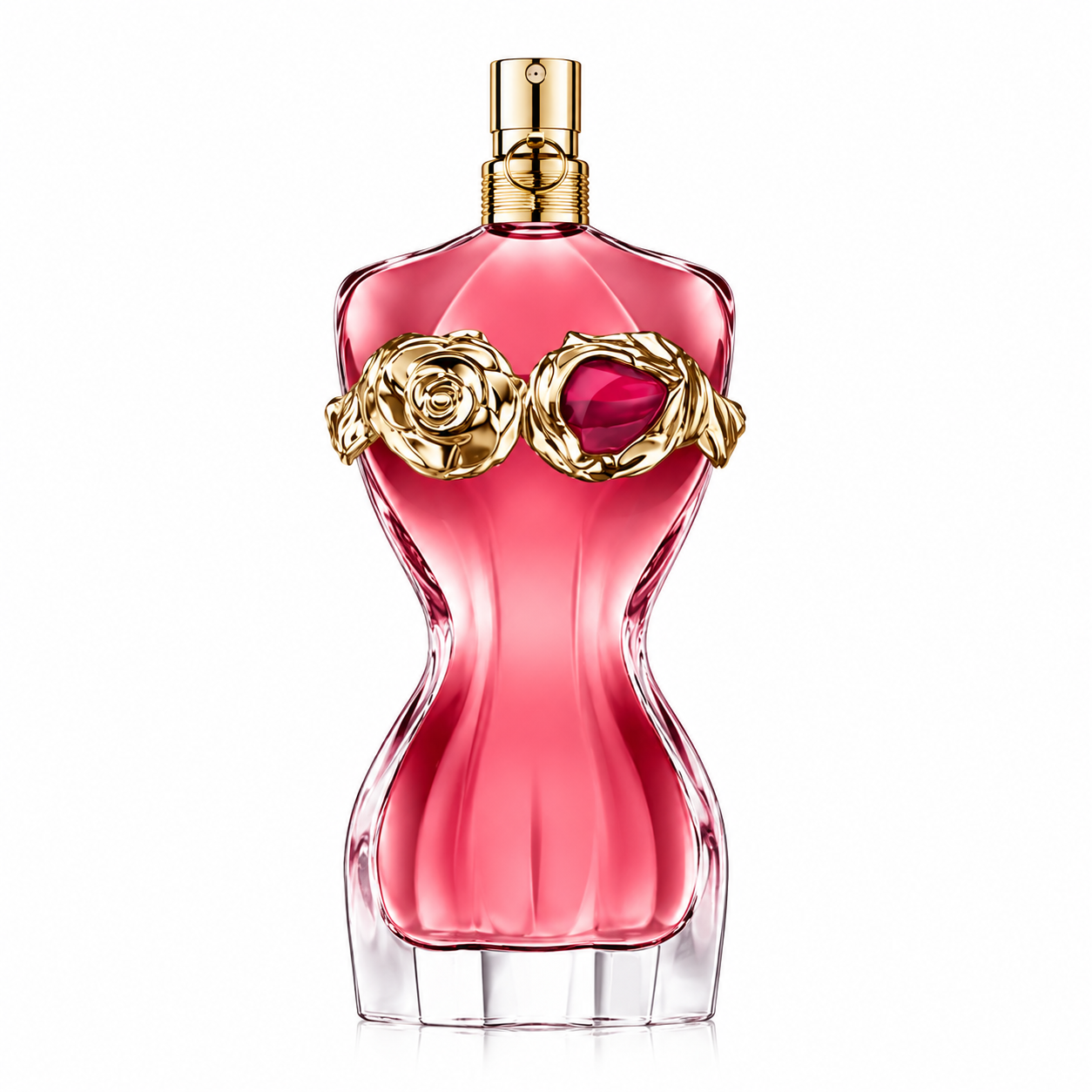 Jean Paul Gaultier Scandal La Belle women's perfume in an elegant pink glass bottle with sculpted golden floral corset on a clean white background.