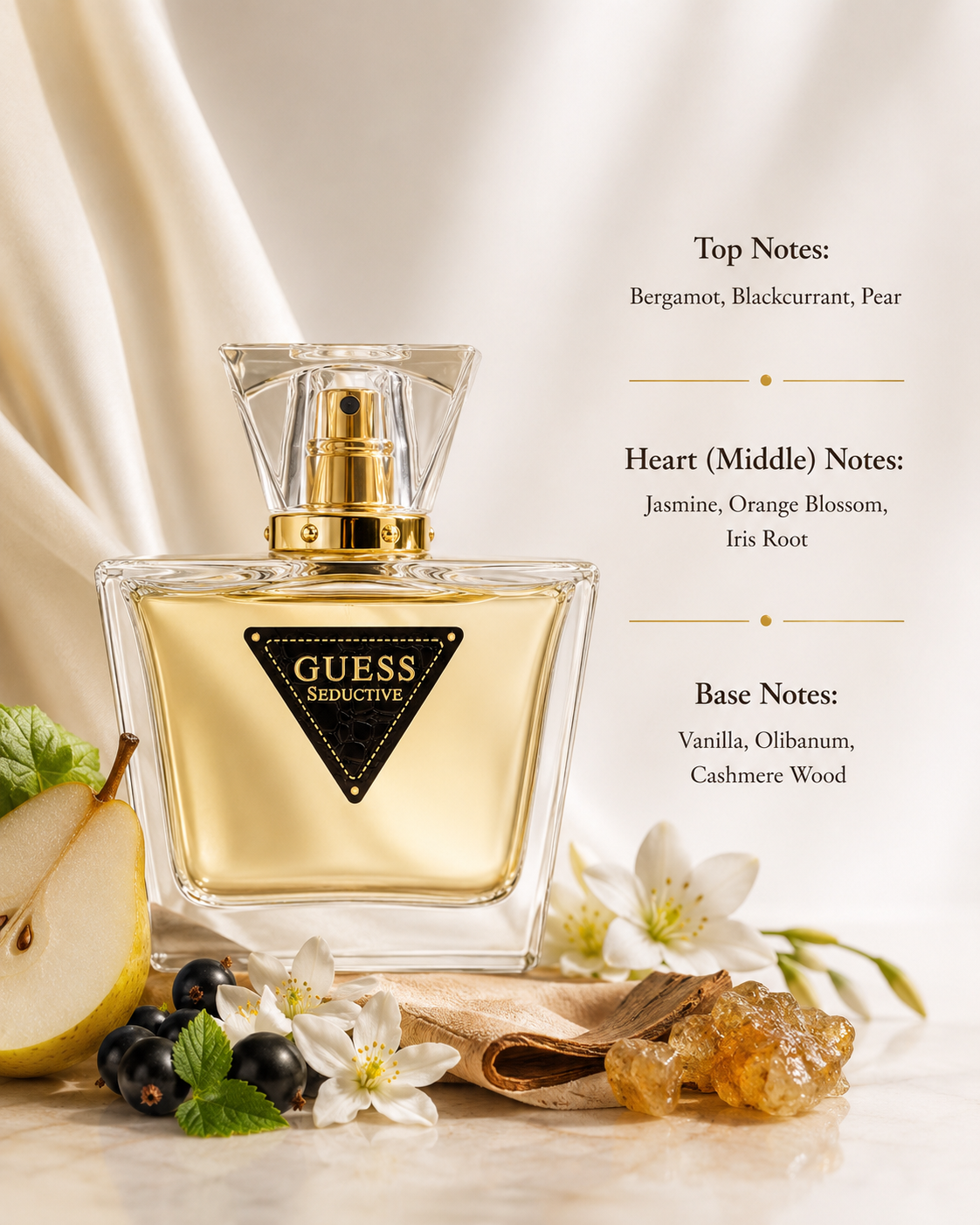 Guess Seductive Eau de Toilette for Women displayed with fragrance notes, surrounded by bergamot, blackcurrant, pear, jasmine, orange blossom, iris root, vanilla, olibanum, and cashmere wood, highlighting its fruity floral amber fragrance profile.