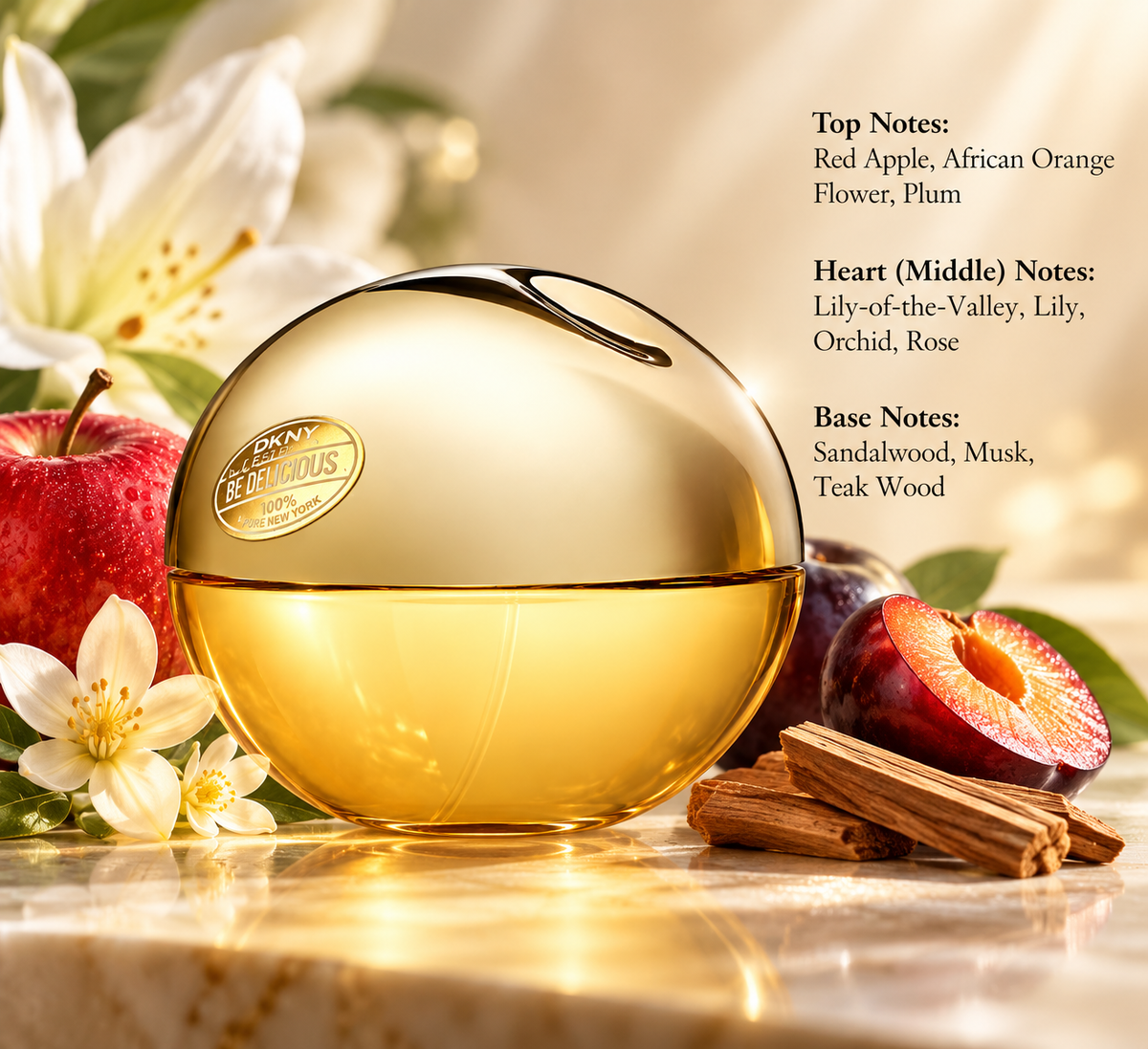 DKNY Golden Delicious women's perfume in a luxurious golden apple-shaped bottle, surrounded by red apples, juicy plums, delicate white flowers and sandalwood on a warm beige background. An elegant fruity floral fragrance with red apple, lily, rose, musk and woody notes.