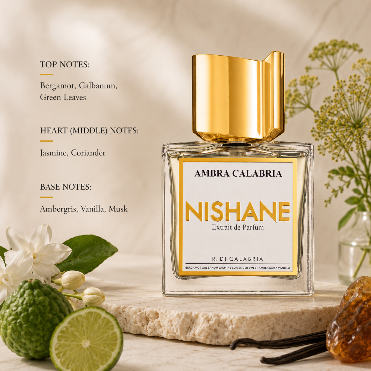Nishane Ambra Calabria Extrait de Parfum with bergamot, jasmine and fragrance notes