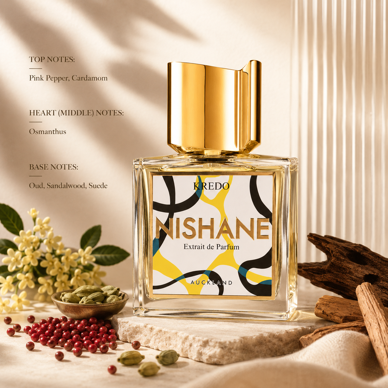 Nishane Kredo Extrait de Parfum with pink pepper, cardamom, osmanthus, oud and sandalwood fragrance notes.