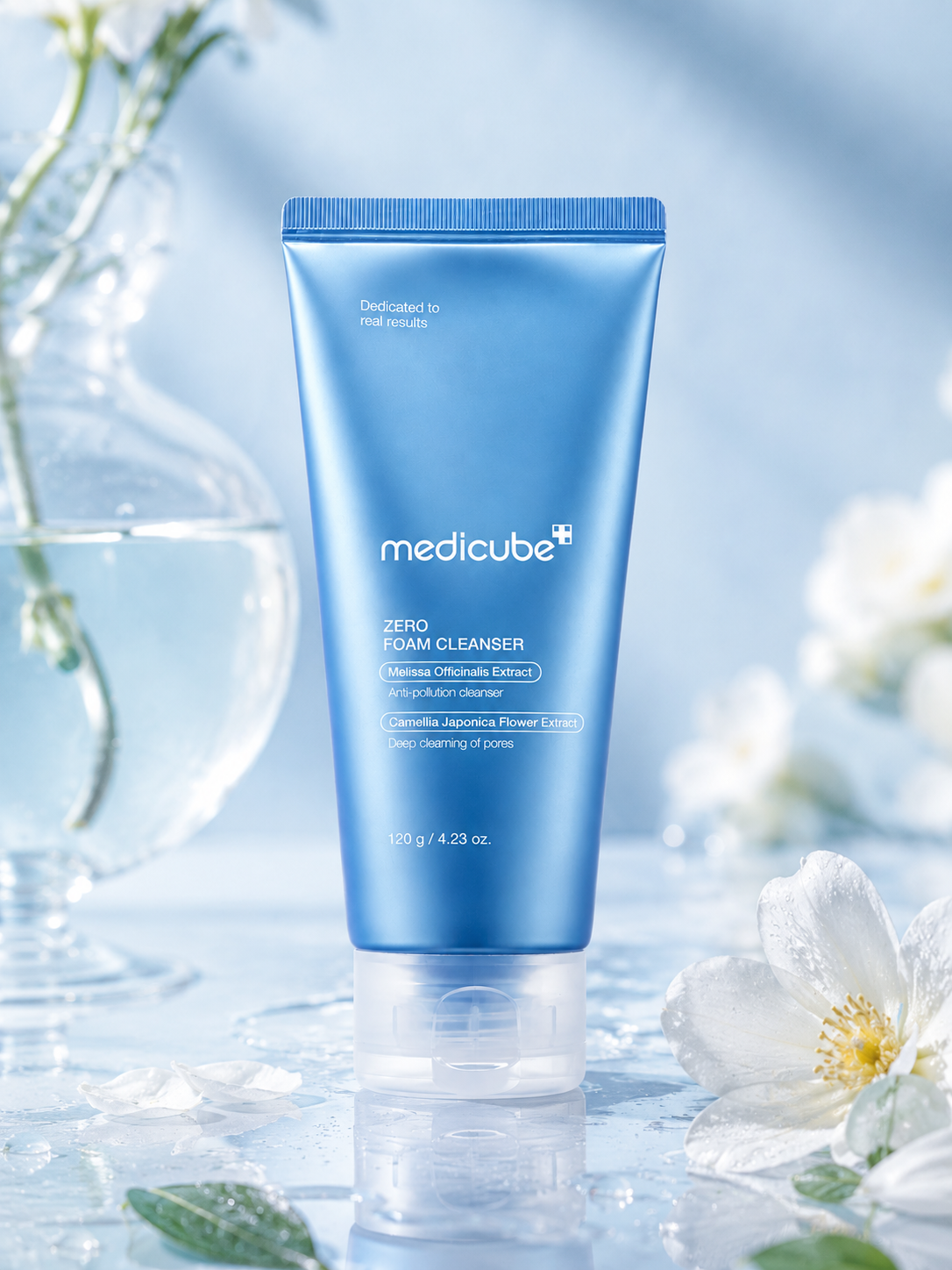 Medicube Zero Foam Cleanser 120ml with flowers on a light blue background
