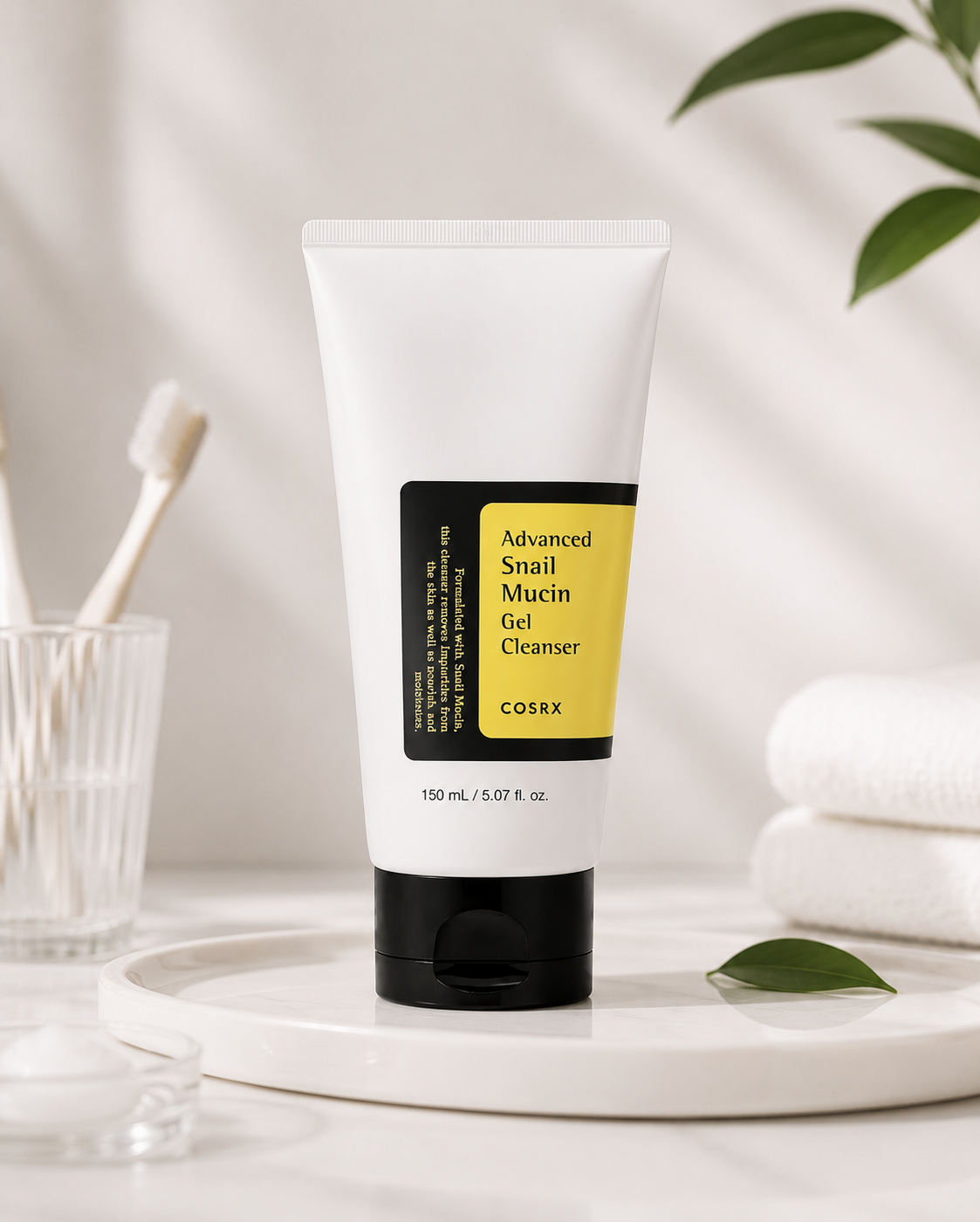 COSRX Advanced Snail Mucin Gel Cleanser 150ml displayed on a bathroom countertop with towels, toothbrush, and greenery, highlighting a gentle hydrating facial cleanser for daily skincare.