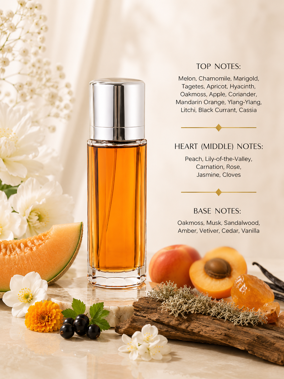 A clear glass perfume bottle filled with amber-orange liquid stands on a marble surface surrounded by flowers, melon, apricots, and dried botanicals. To the right, text lists the fragrance's top, heart, and base notes.