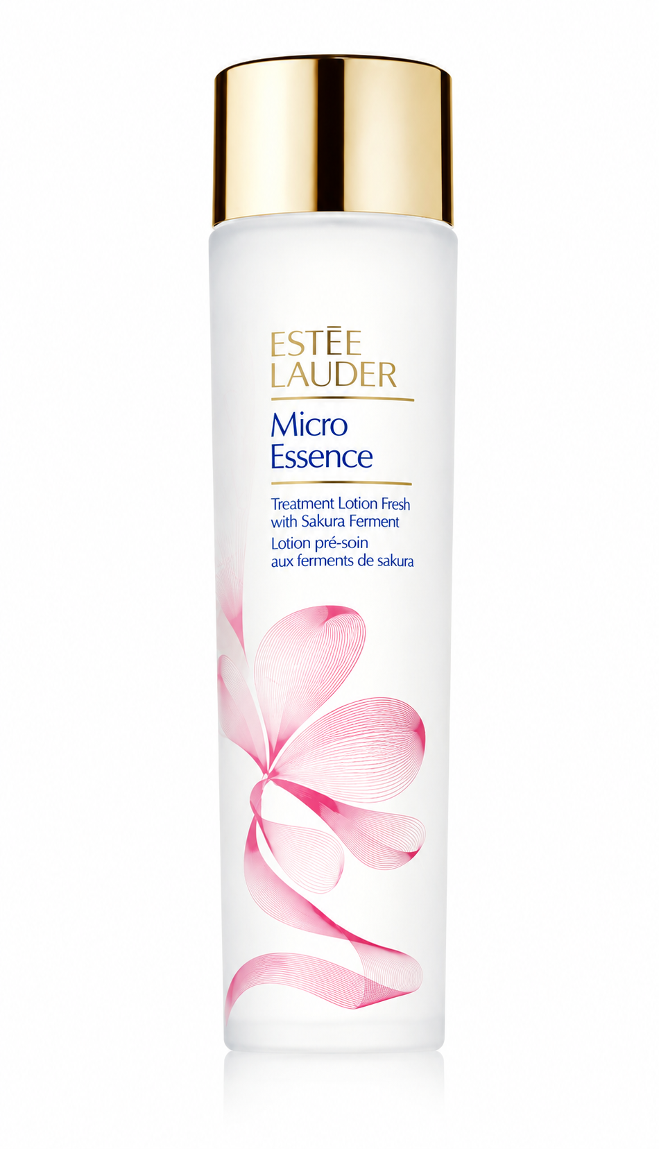 Estée Lauder Micro Essence Treatment Lotion Fresh with Sakura Ferment presented in a tall frosted white bottle with elegant gold typography, deep blue product lettering, delicate pink sakura-inspired artwork, and a luxurious reflective metallic gold cap. Displayed upright on a flawless pure white background with premium studio lighting, soft natural reflections, subtle shadows, and exceptional detail that highlights the frosted glass finish and refined luxury skincare aesthetic.