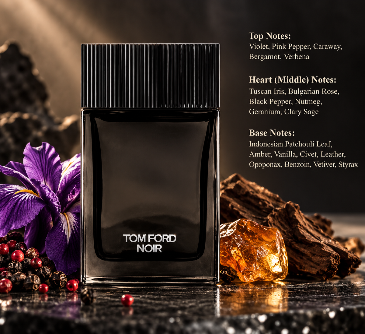 Tom Ford Noir Eau de Parfum in an elegant black glass bottle, presented in a luxurious dark setting with purple iris flowers, pink peppercorns, amber resin and natural woods. A sophisticated men's oriental spicy fragrance featuring violet, Tuscan iris, Bulgarian rose, patchouli, vanilla, leather and vetiver.
