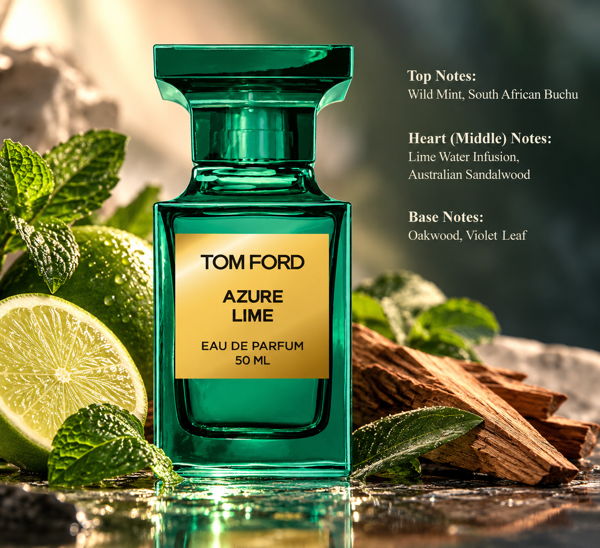 Tom Ford Azure Lime Eau de Parfum 50ml in an elegant emerald green glass bottle with a gold label, surrounded by fresh lime, wild mint leaves and natural woods. A luxurious unisex citrus woody fragrance featuring South African buchu, Australian sandalwood, oakwood and violet leaf, presented in a refined botanical setting.