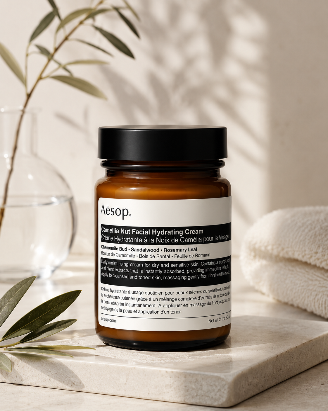 Aesop Camellia Nut Facial Hydrating Cream displayed on a light stone countertop in a calm, naturally lit bathroom setting, surrounded by olive branches, a glass vessel of water, and a soft white towel, emphasizing its nourishing botanical formula and minimalist premium skincare aesthetic.