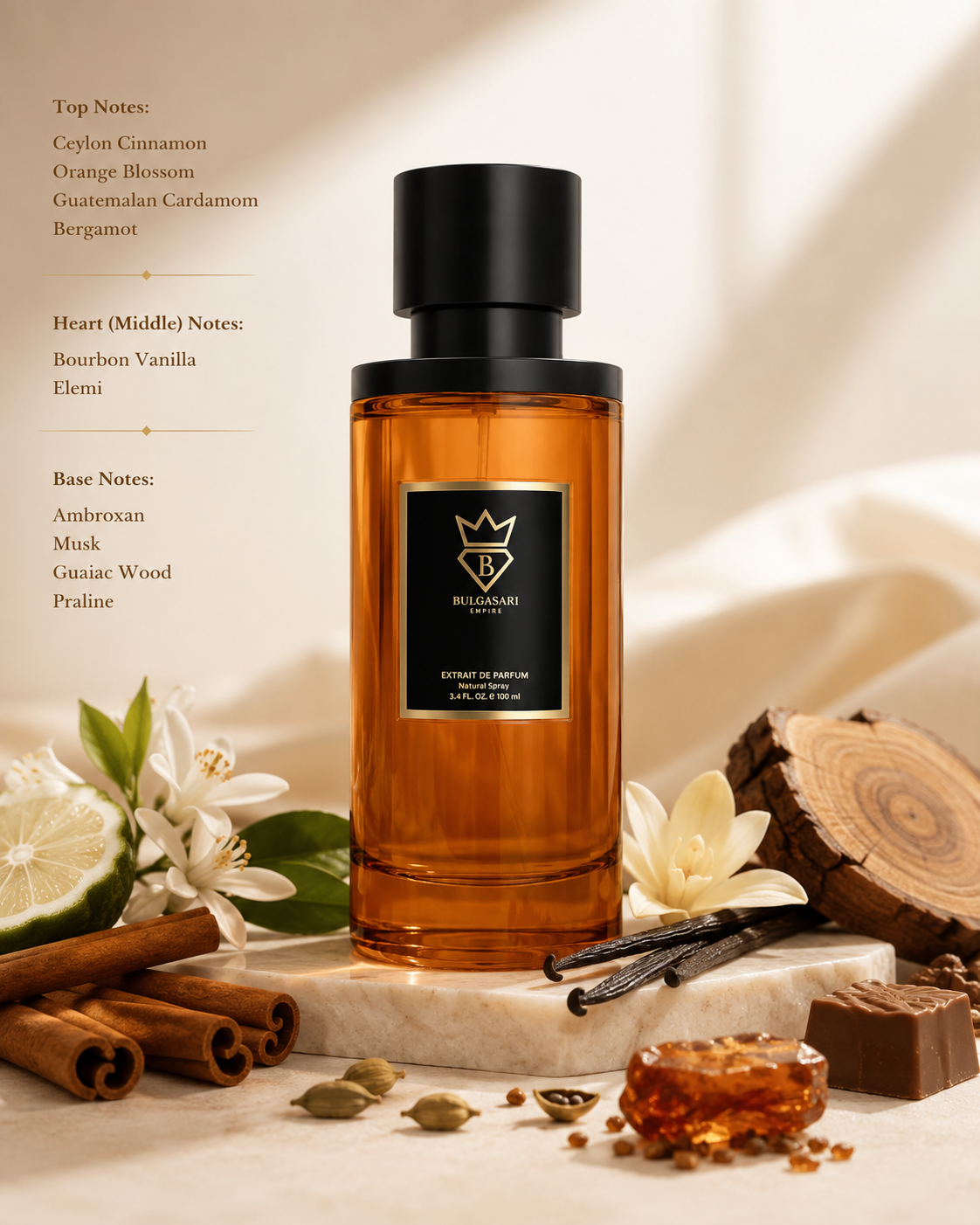Bujairami Legacy Extrait de Parfum 100ml elegantly displayed on a premium marble pedestal in a warm luxury setting surrounded by cinnamon sticks, vanilla pods, orange blossom, bergamot, cardamom, guaiac wood and amber-inspired accents, visually reflecting its spicy, woody and gourmand composition with an opulent, refined atmosphere.