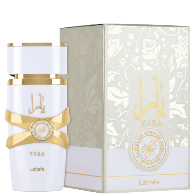 A 100ml high-gloss white cylindrical bottle of Lattafa Yara Moi Eau De Parfum with an interlocking gold ribbon design, displayed next to its matching white-and-gold box featuring elegant floral patterns.