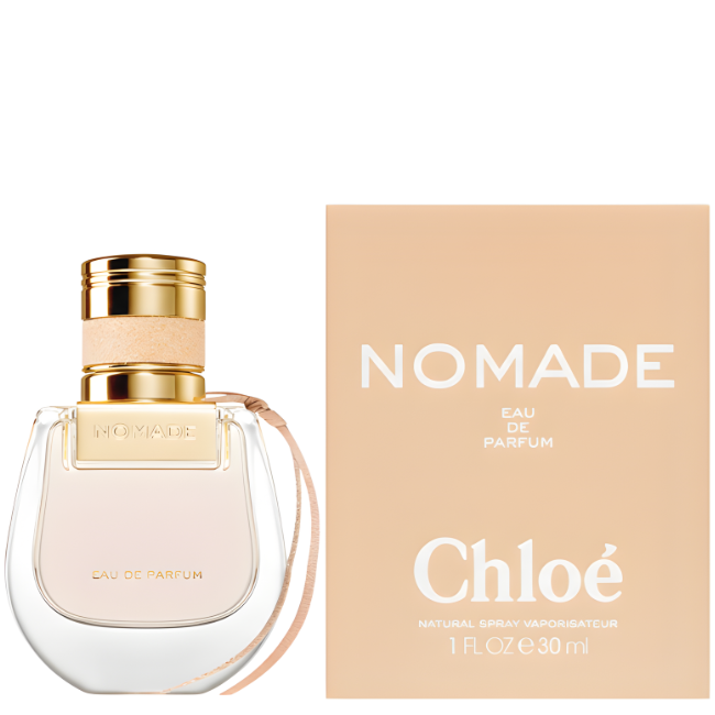 Chloé Nomade 30ml Eau de Parfum bottle with its signature suede ribbon, standing next to its square blush-pink gift box featuring bold white "Nomade" and "Chloé" branding.
