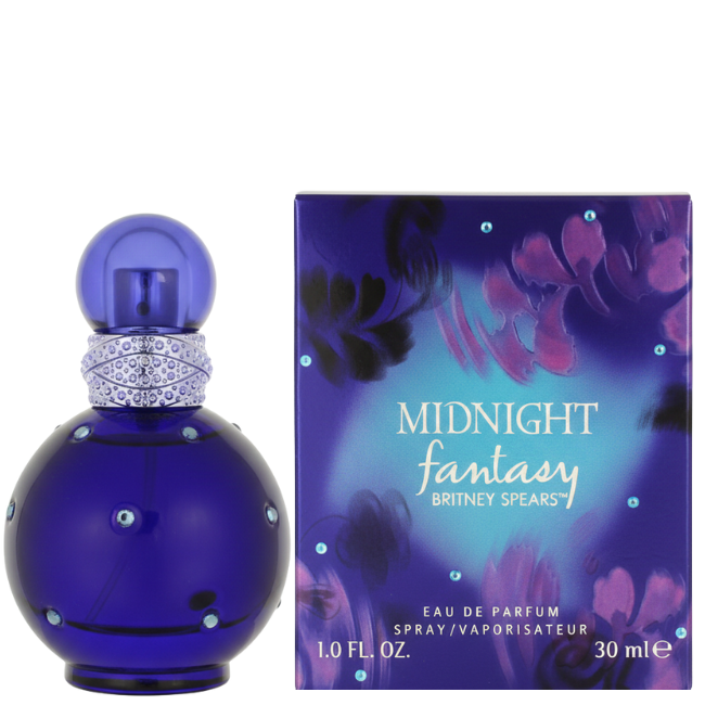 Britney Spears Midnight Fantasy 30ml Eau De Parfum in a spherical deep cobalt blue bottle encrusted with light blue crystals, standing next to its matching purple and blue floral gift box.